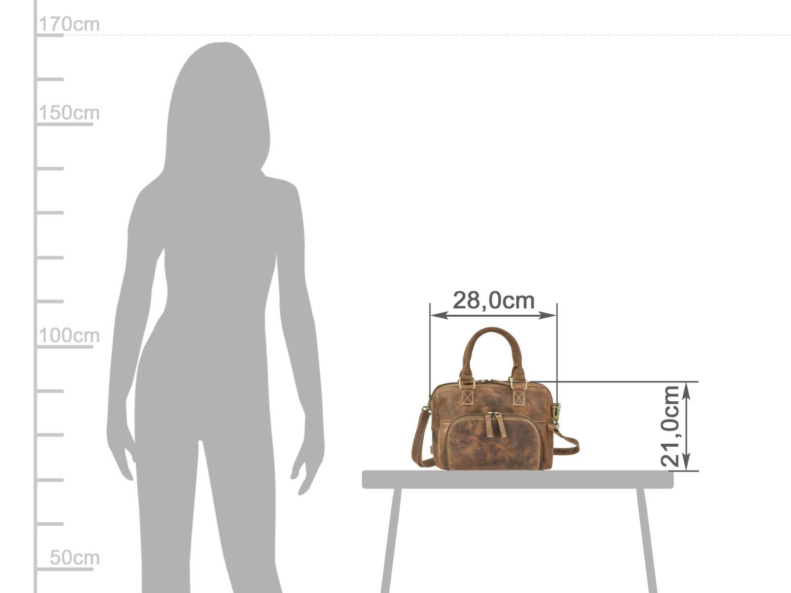 Greenburry Umhängetasche Vintage Handtasche Damen kleine Schultertasche Leder antikbraun, besonders kompaktes Format, ideal zum Ausgehen