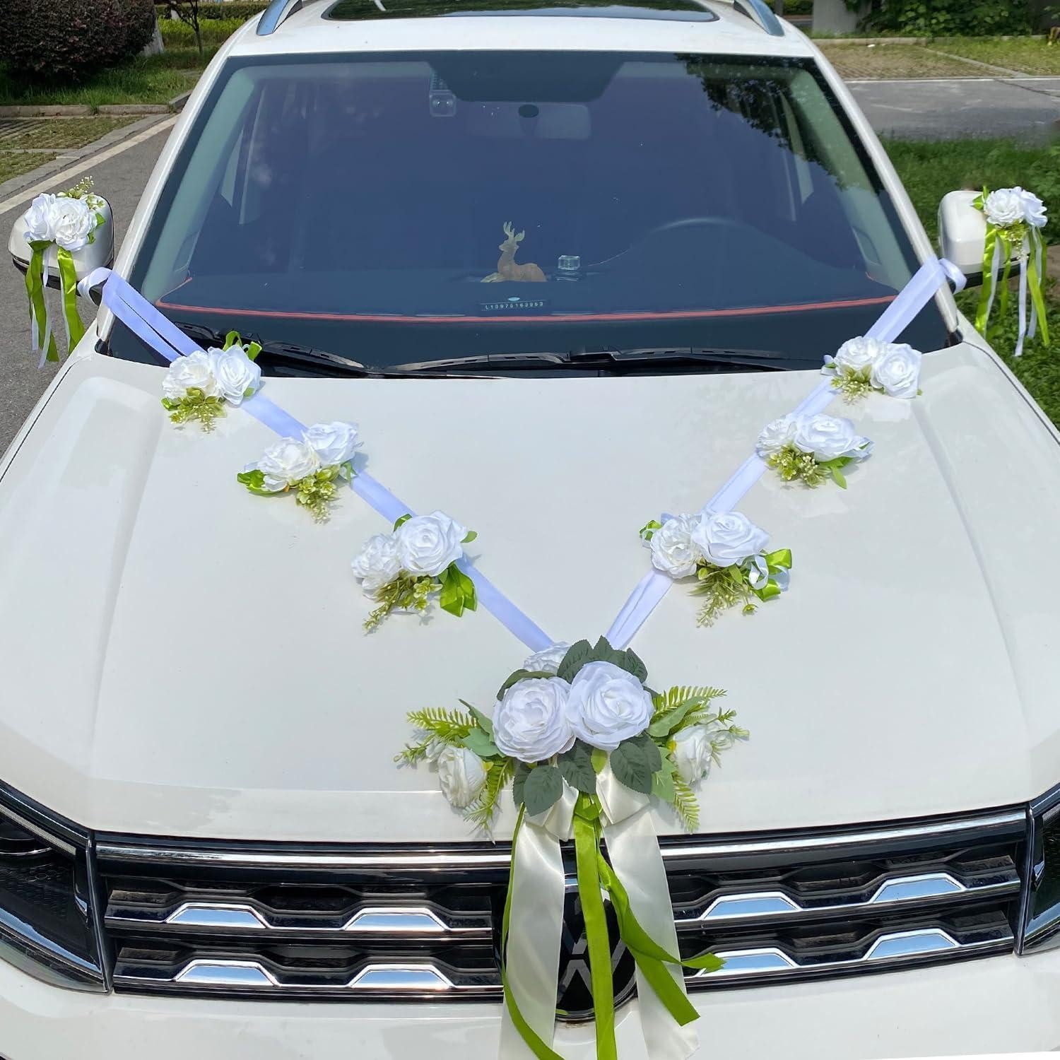 LuxusKollektion Girlande Hochzeitsauto Deko Set Weiss Seidenblumen 220cm