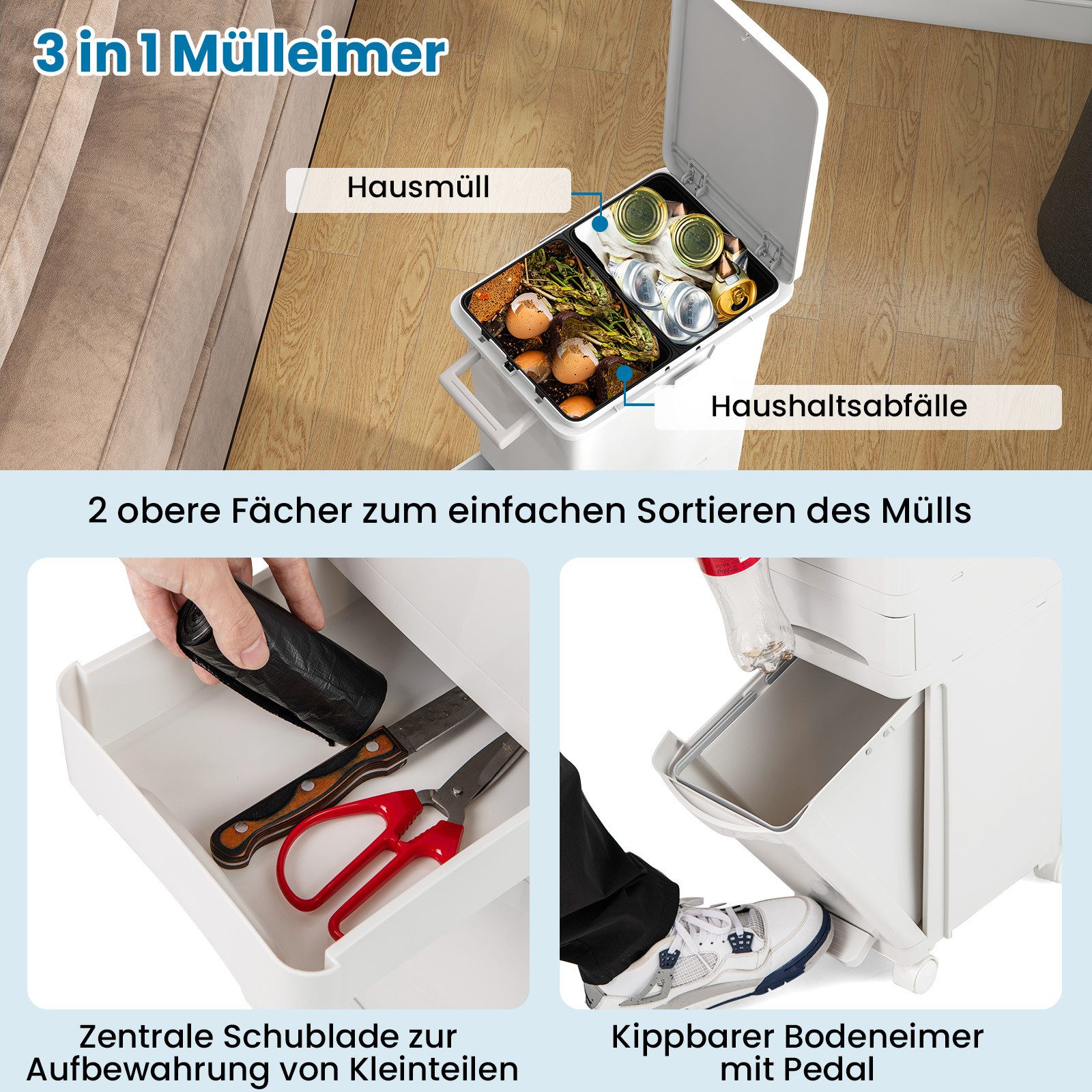 COSTWAY Mülleimer Küche, mit Deckel & Rollen, 2 Fächer, 32L Abfalleimer, Tretmülleimer