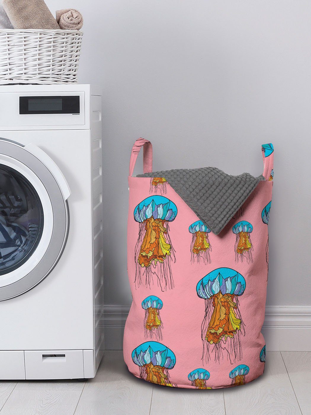 Abakuhaus für Waschsalons, Griffen Detaillierte Marinetier Qualle mit Wäschekorb Kordelzugverschluss Wäschesäckchen