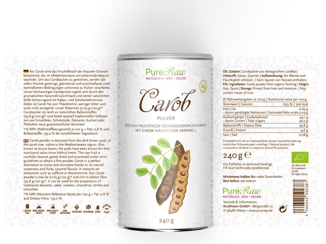 PureRaw Shake Carob Pulver - bio & vegan - gesunde Kakao Alternative