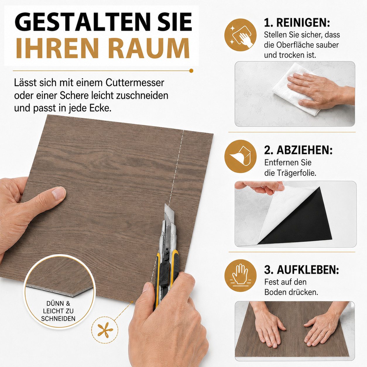 BlingBin Vinylboden PVC-Bodenfliesen selbstklebend in Holzoptik, 54 Stück, ca. 4,86 m², zuschneidbar, Rutschfest Wasserfest, DIY Boden Renovierung, 54er Set, Ma – Bild 4 von 5