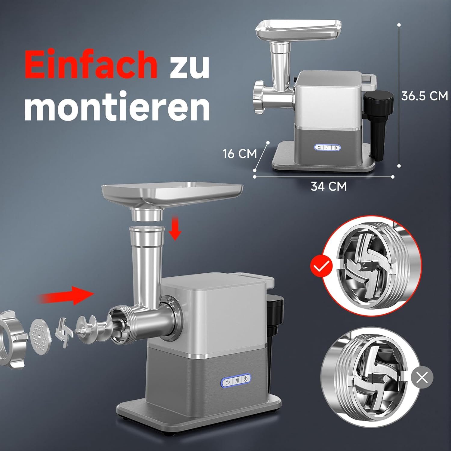 AMZCHEF Fleischwolf CE-MG76OT10C-400-SG, 3000 W, 3000W Max Mit DC-Motor, Nur 60 dB