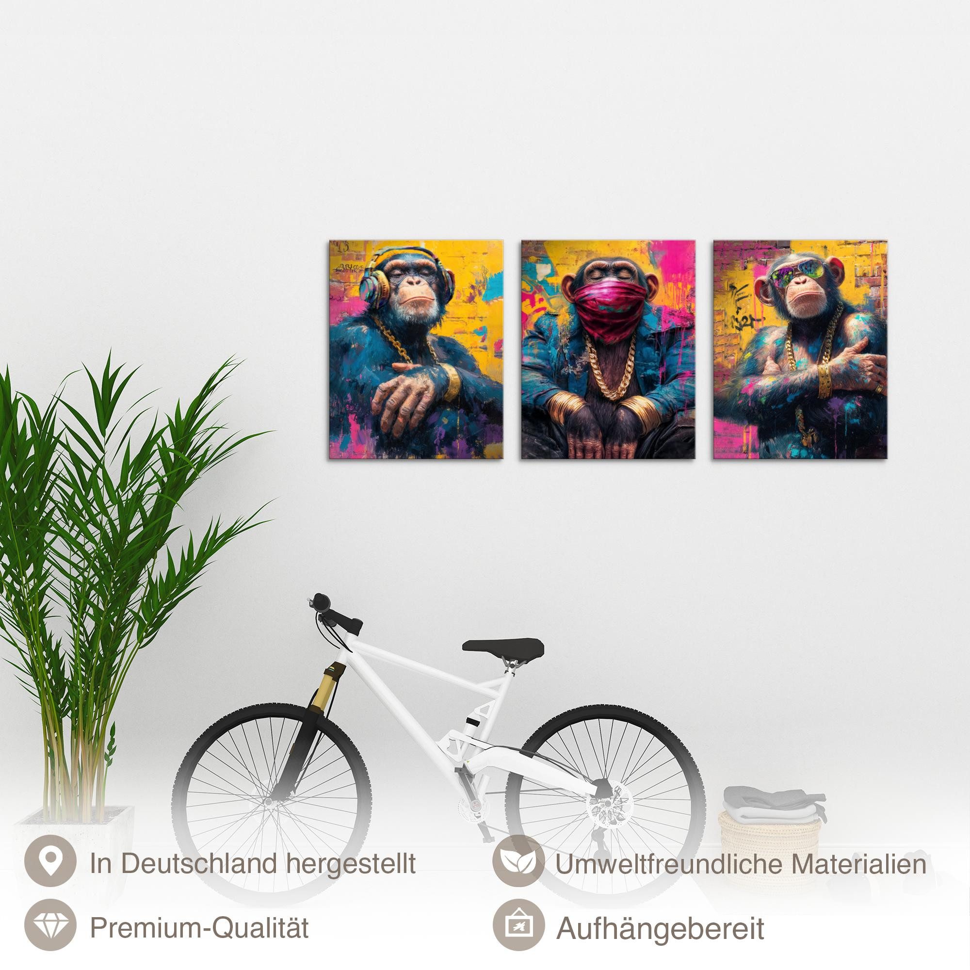 Novart Bild Wandbilder Set Banksy Style Collage - 3 Bilder Wohnzimmer Streetart, Affen, made in Germany