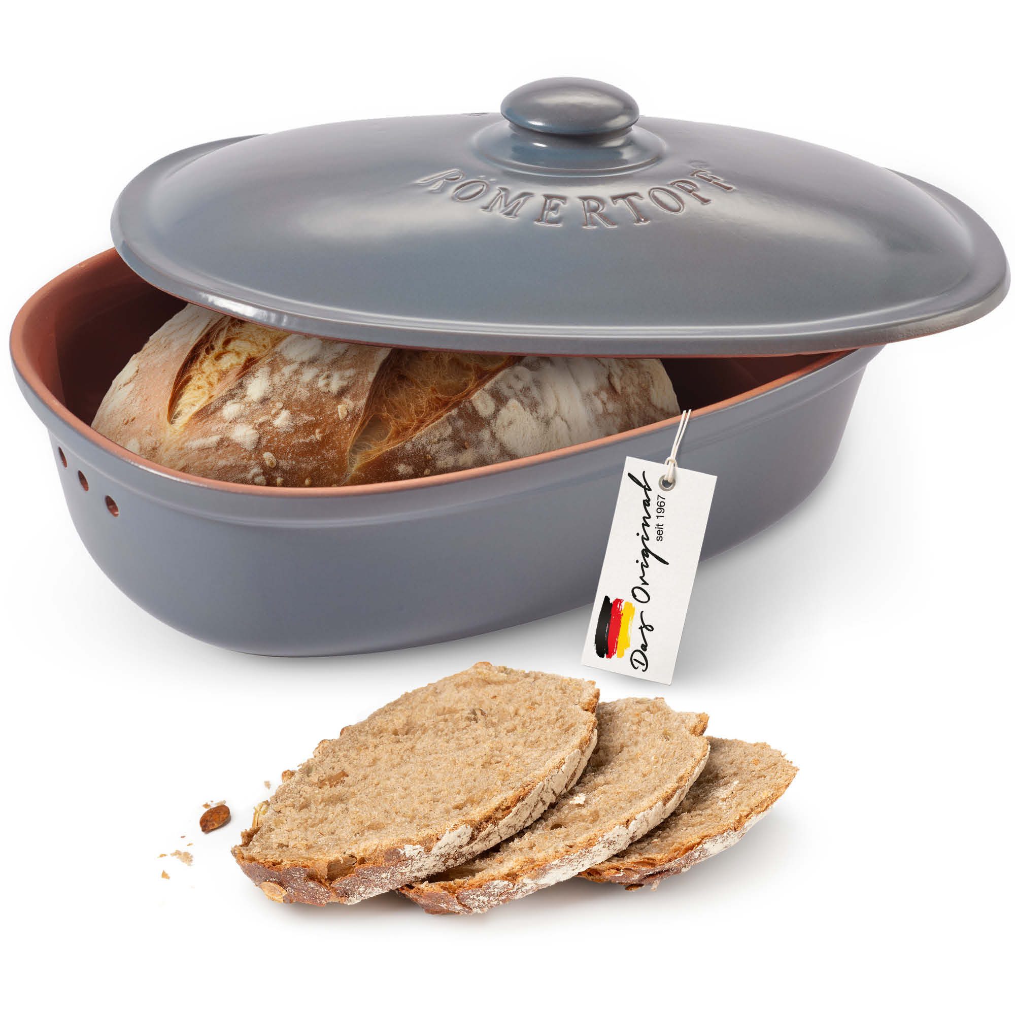 RÖMERTOPF Römertopf Brottopf oval MEDI 2,3 Liter - Keramik Brotkasten, (Set), aus Naturton
