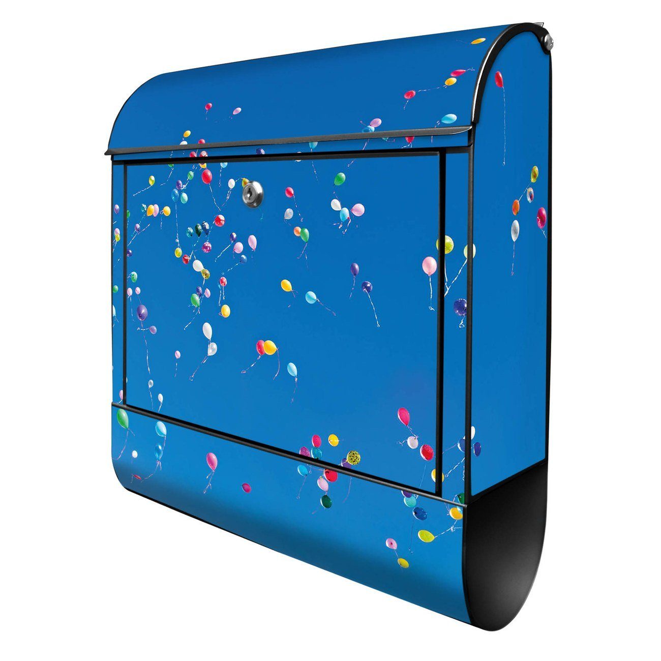 banjado Wandbriefkasten Stahl Bunte Luftballons (Wandbriefkasten witterungsbeständig, pulverbeschichtet, mit Zeitungsfach), 39 x 47 x 14cm schwarz