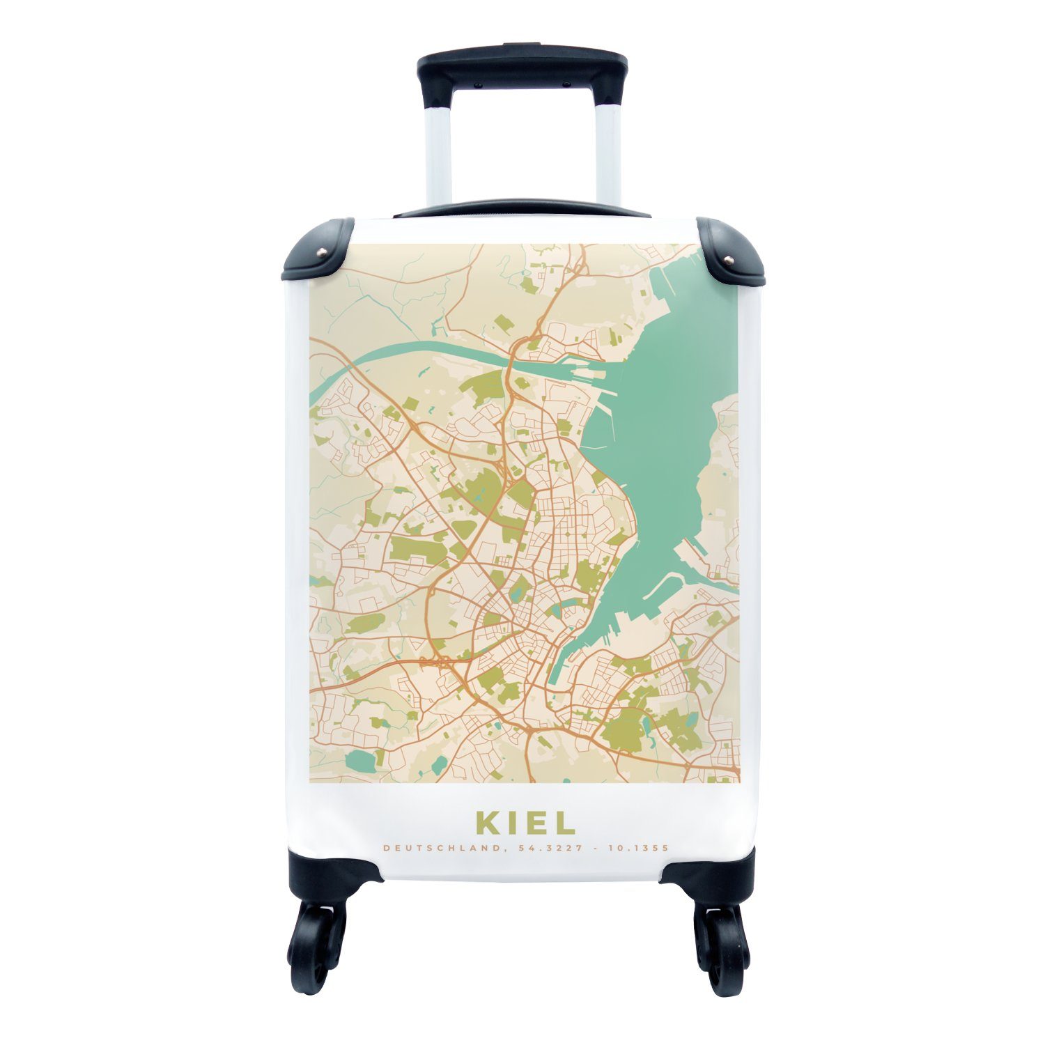 MuchoWow Handgepäckkoffer Karte - Kiel - Karte - Stadtplan - Vintage, 4 Rollen, Reisetasche mit rollen, Handgepäck für Ferien, Trolley, Reisekoffer