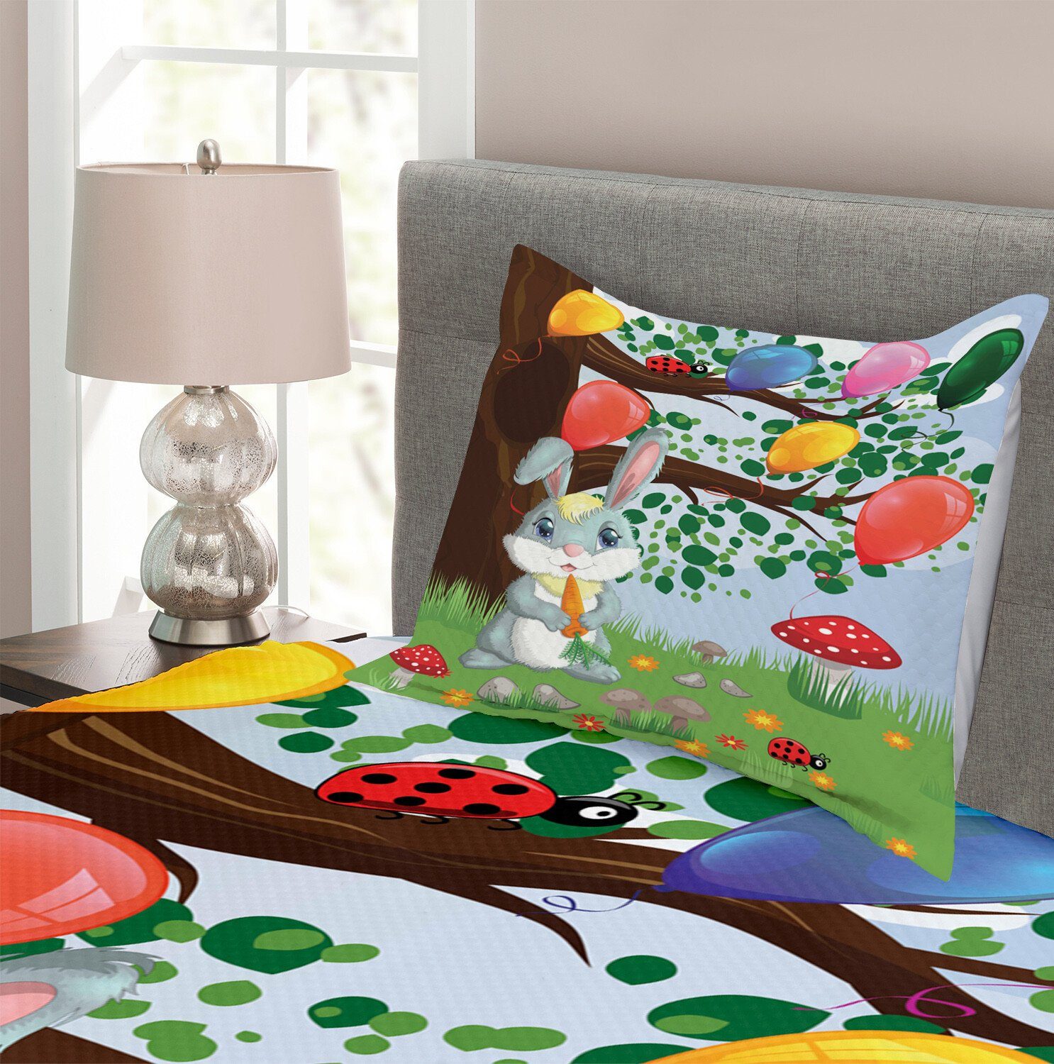 Tagesdecke Set mit Kissenbezügen Häschen-Ballone Waschbar, Blumen Abakuhaus, Insekten