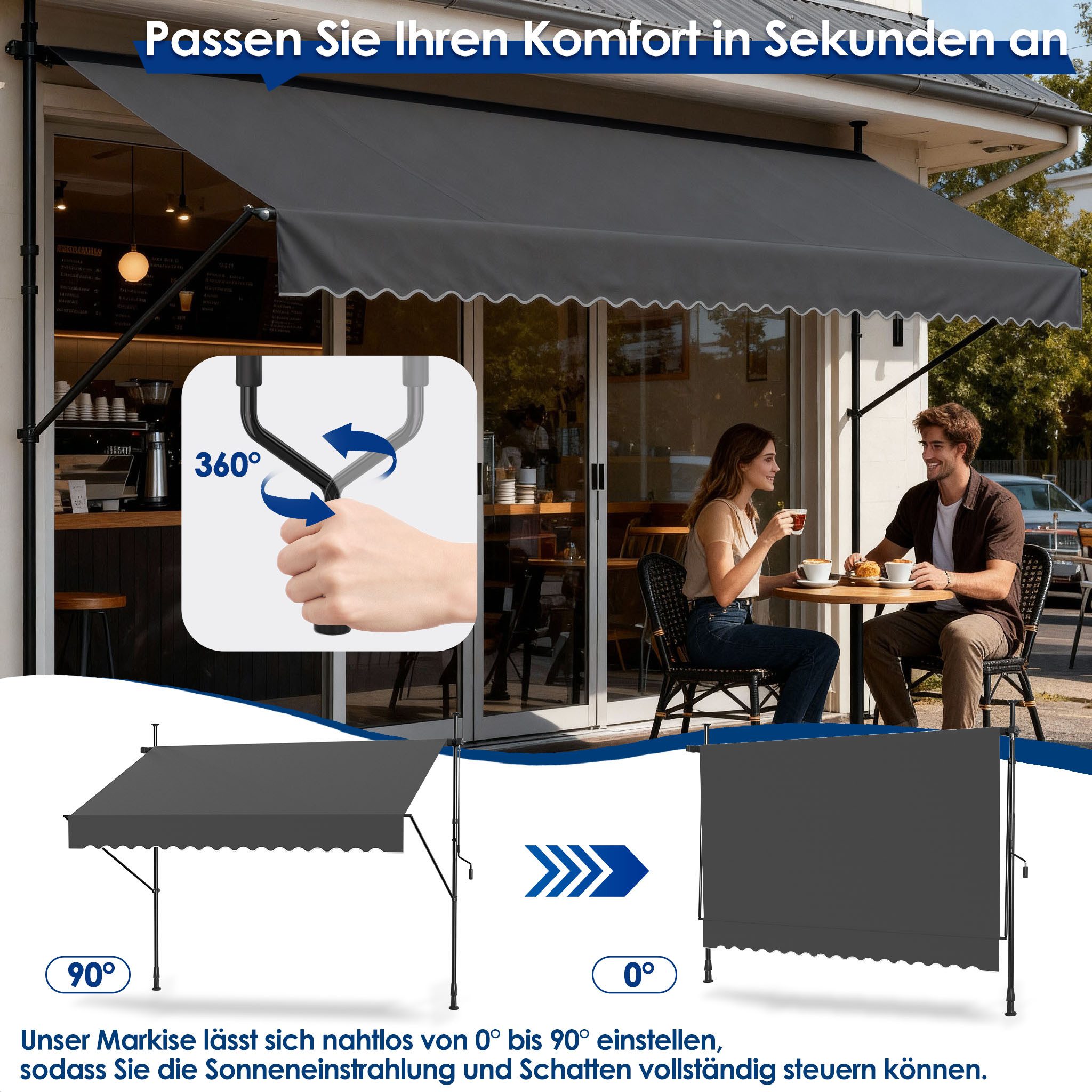 FIVMEN Klemmmarkise Balkonmarkise mit Handkurbel Balkon ohne Bohren Markise – Bild 4 von 5