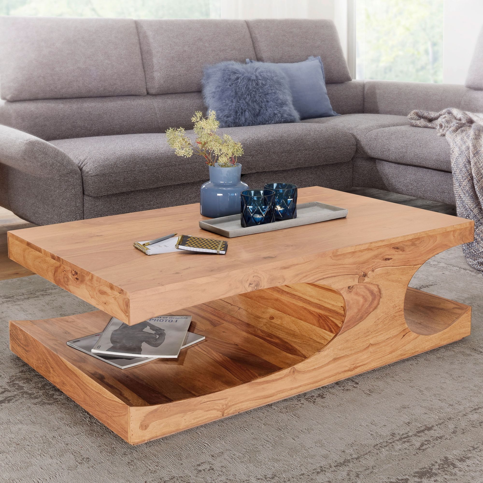 FINEBUY Couchtisch Couchtisch Massivholz 120 cm mit Ablage · Rechteckig Woh günstig online kaufen