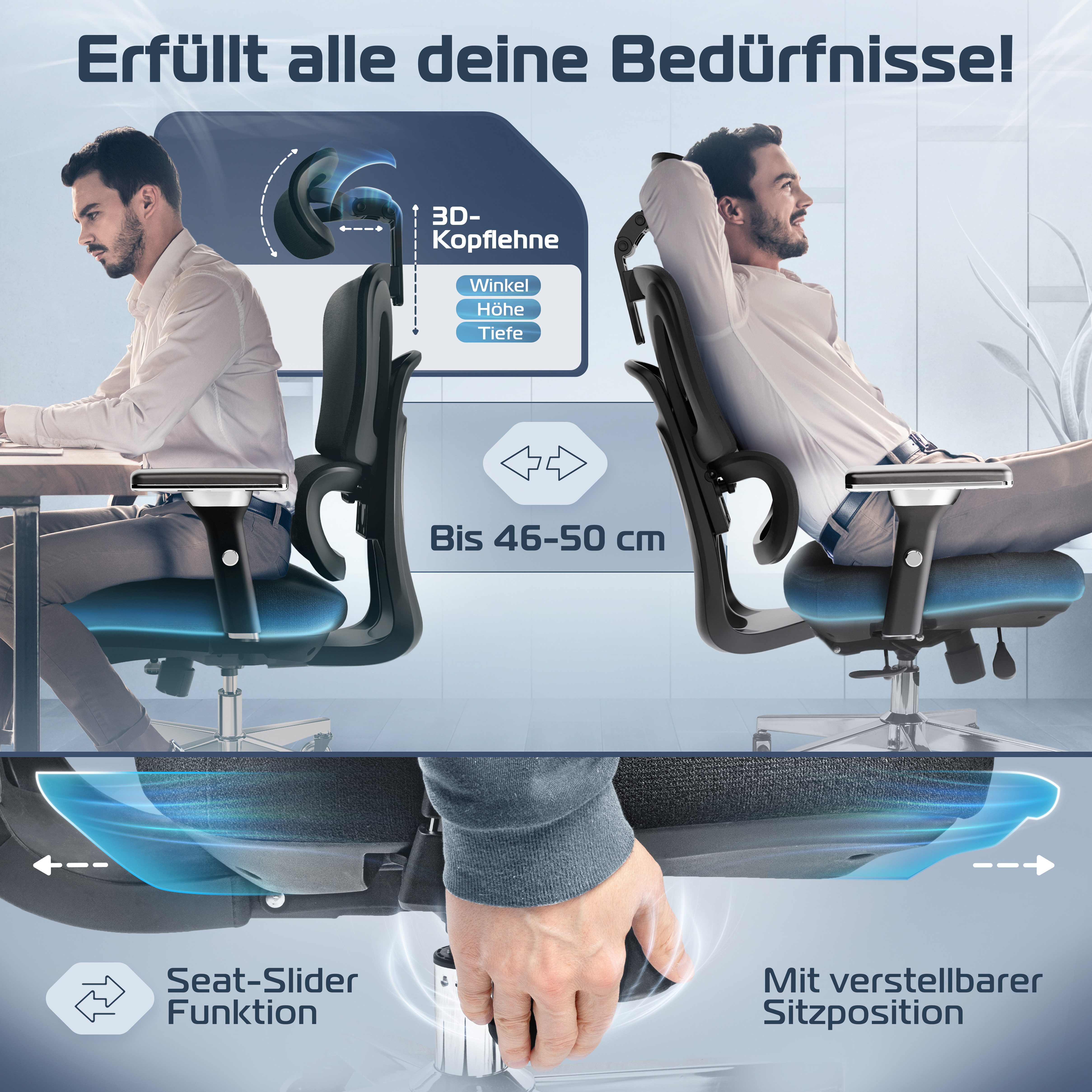 CLOUVOU Bürostuhl Ergonomisch, Schreibtischstuhl bis 150 kg - Testsieger (ProSeat - Chefsessel für Arbeitszimmer, 4D Gaming Armlehnen & 3D Kopfstütze), Blade Wheels, Homeoffice, Gaming Stuhl, Drehstuhl