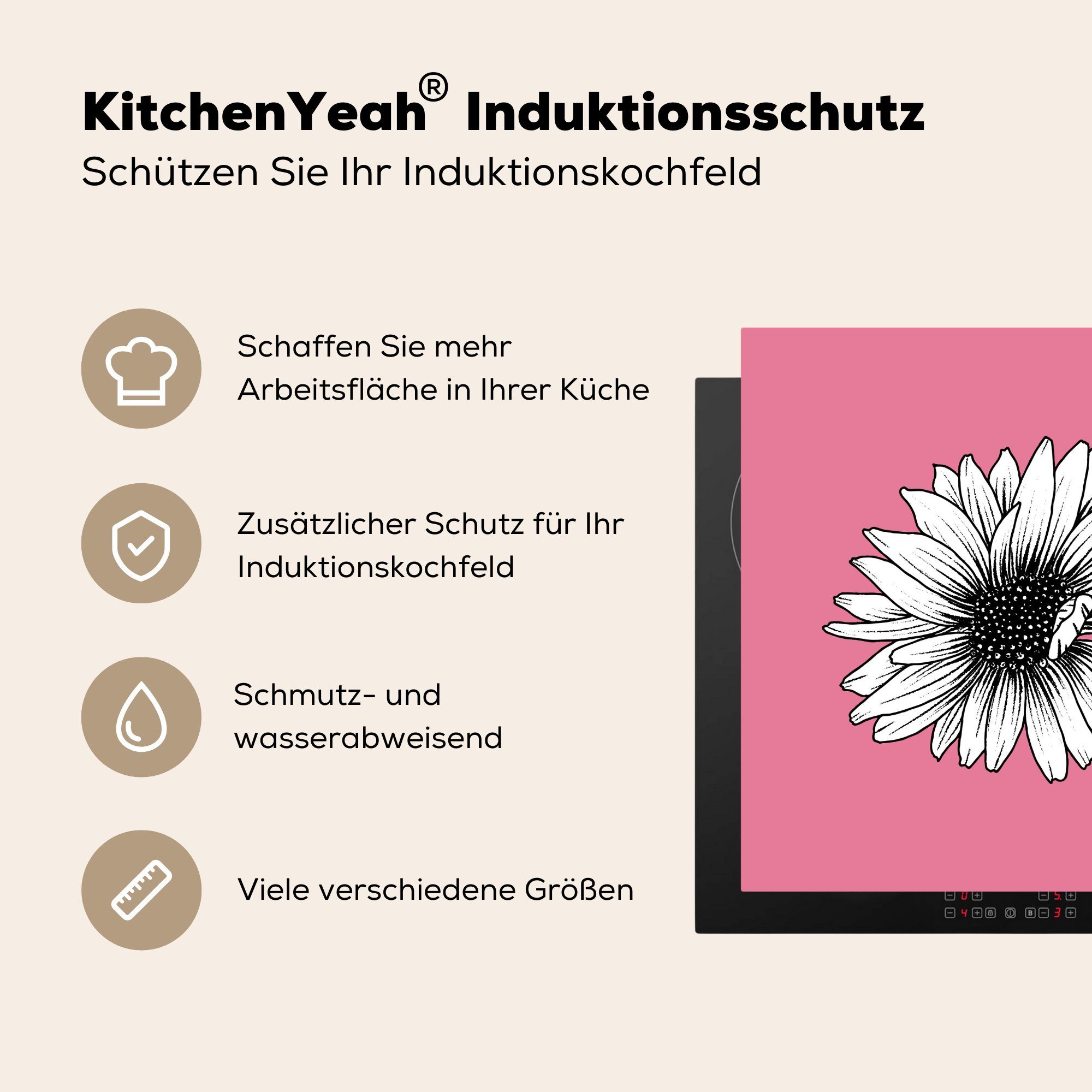Ceranfeldabdeckung, Herdblende-/Abdeckplatte küche - Vinyl, Vintage 78x78 (1 - tlg), - cm, Natur, MuchoWow Arbeitsplatte Sonnenblume für Blumen