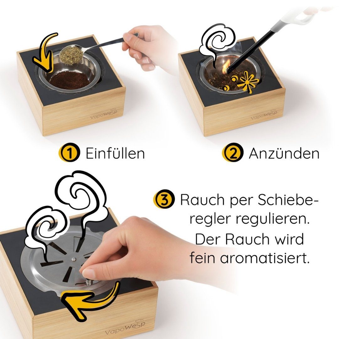 VapoWesp Räucherbox Räucherbox gegen Wespen und Mücken, Starter-Set oder Komplett-Set (3-tlg) Aromatisierter Kaffeerauch vertreibt Insekten auf natürliche Art