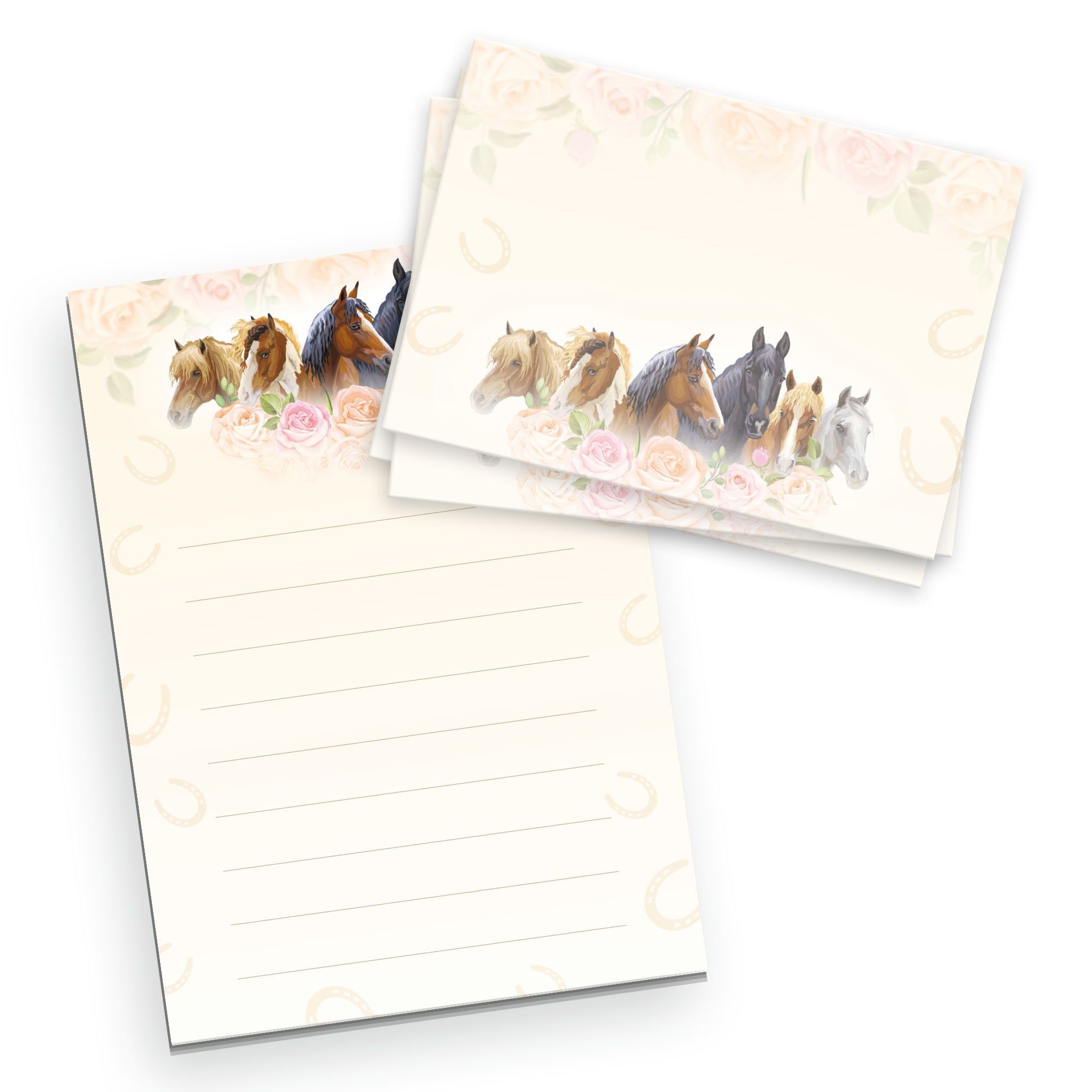 Kreative Feder Briefpapier Briefpapier-Set für Kinder Briefpapier-Block DIN A5 mit 50 Blatt, inkl. 20 Umschlägen, Briefpapier mit Linien, Brief, Post, Schreiben Set Pferde & Rosen