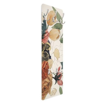 Bilderdepot24 Garderobenpaneel rot Aquarell Blumen Floral Zeichnung Blumenbouquet in Rot und Sepia II (ausgefallenes Flur Wandpaneel mit Garderobenhaken Kleiderhaken hängend), moderne Wandgarderobe - Flurgarderobe im schmalen Hakenpaneel Design