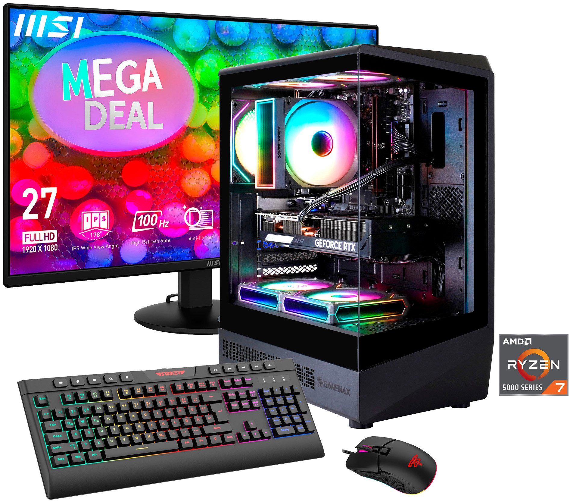 GAMEMAX MegaDeal VISTA COC 2853 AMD Ryzen 7 5700X 16GB 480GB SSD RTX 5060 Gaming-PC-Komplettsystem (27", AMD Ryzen 7 5700X, RTX 5060, 16 GB RAM, 480 GB SSD, Windows 11 + MSI PRO MP272L LCD-Monitor, 68,6cm (27)