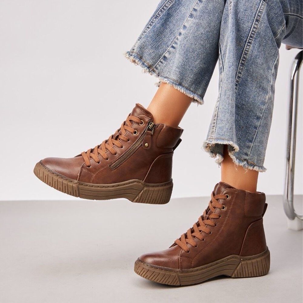 Ital-Design Damen Halbschuh mit Reißverschluss und Schnürung Schnürstiefelette (90598689) Flach Stiefeletten in Braun