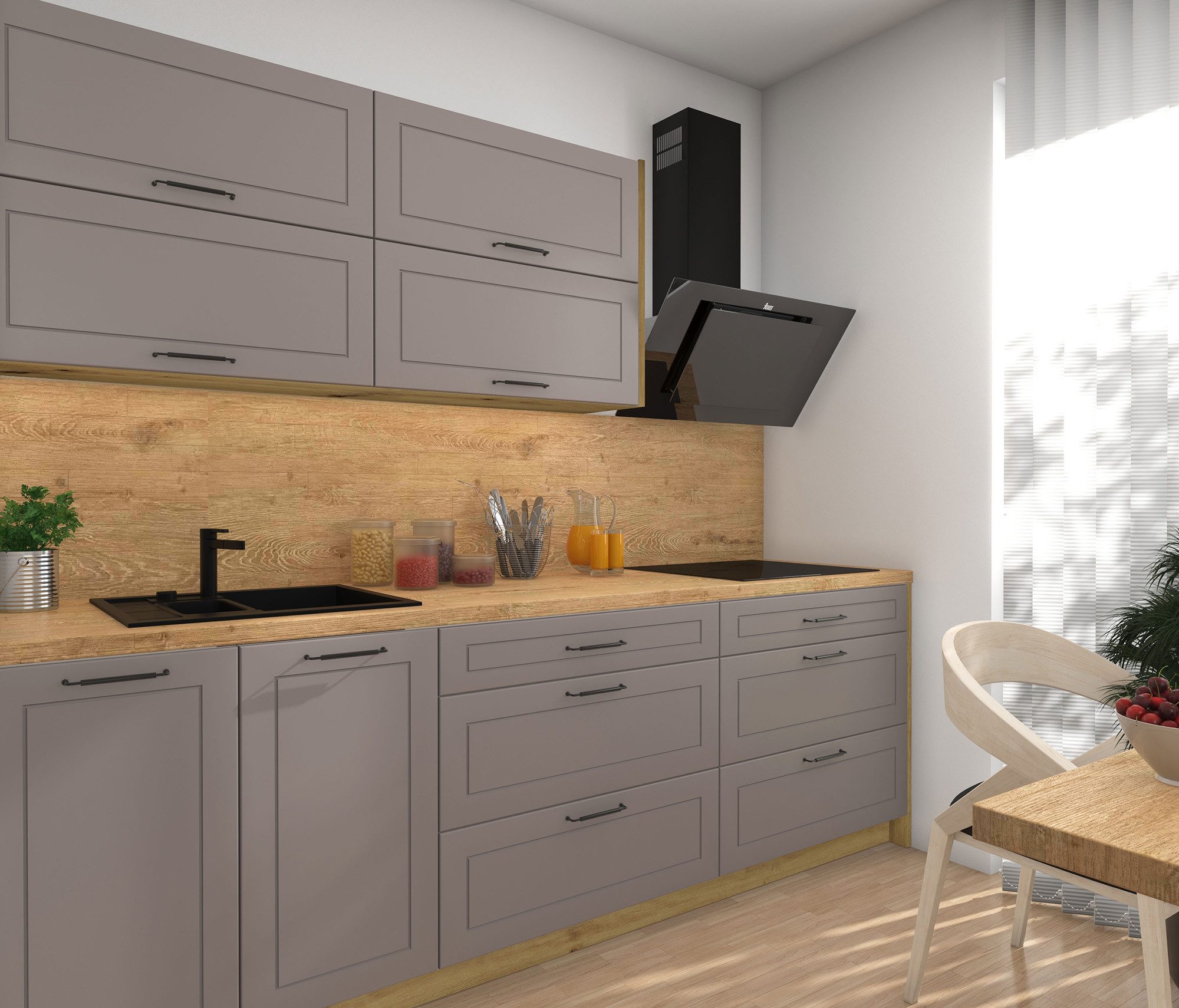 Feldmann-Wohnen Küchenzeile Kvantum, (Klappen mit Gasdruckdämpfer, Schubladensystem HETTICH InnoTech), 250cm, 7-teilig, Eiche Artisan / Beige Matt - HETTICH InnoTech