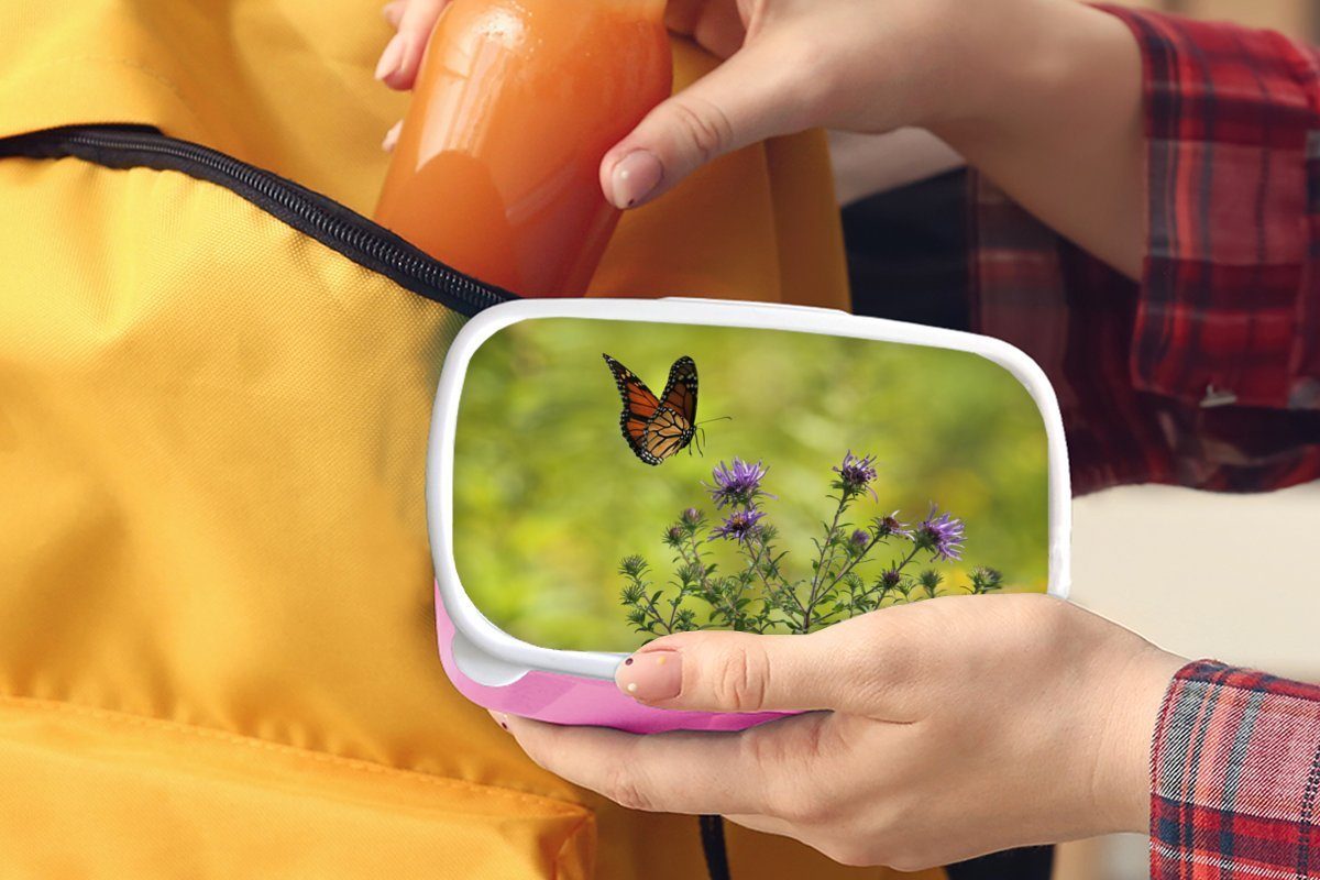 MuchoWow Lunchbox Kunststoff (2-tlg), - Kinder, Strauch, Brotbox Schmetterling Blumen Mädchen, Snackbox, für - rosa Brotdose Kunststoff, Erwachsene