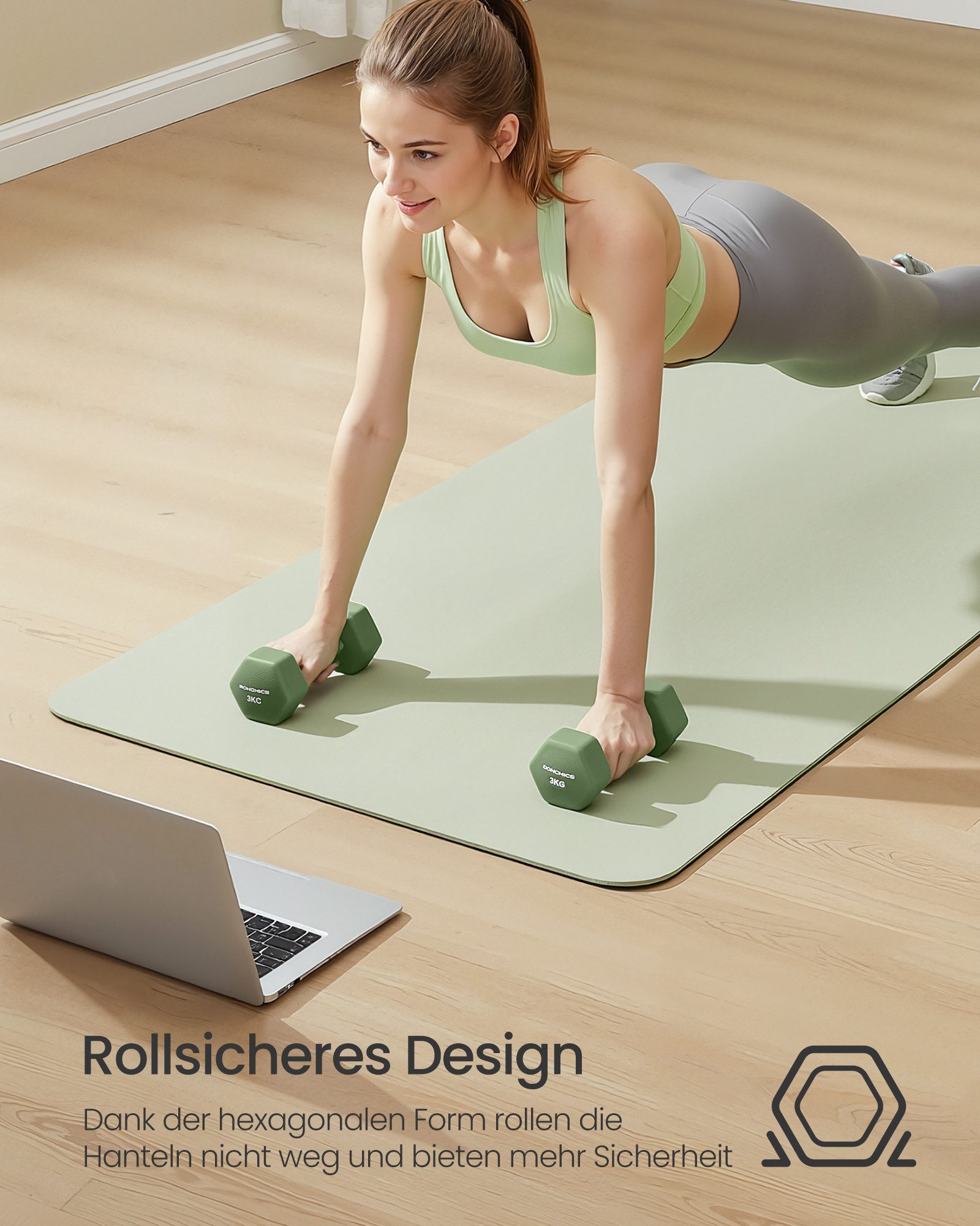 SONGMICS Kurzhantel Set, Hexagon, 2 x 1 kg, 2 x 3 kg, 2 x 5 kg, Krafttraining, zu Hause, mattes Finish, Neopren-Beschichtung, hellgrau, efeugrün, weinrot