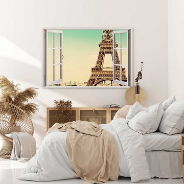 Sinus Art Leinwandbild Wandbild 120x80cm Fensterbild Paris Eiffelturm Frankreich Fotokunst, (1 St)