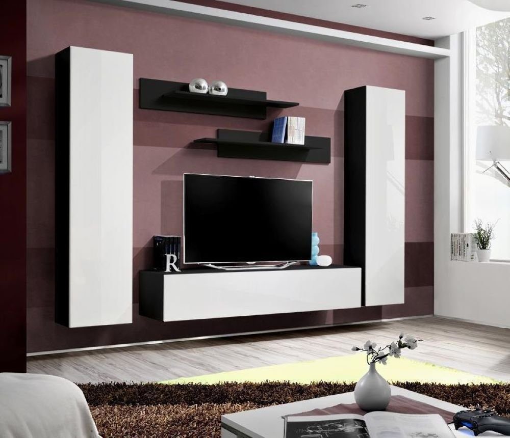 JVmoebel Wohnzimmer-Set Wohnwand Weiß Stil Design Lowboard TV-Ständer Holz Wandschrank, (6-St), Made in Europa