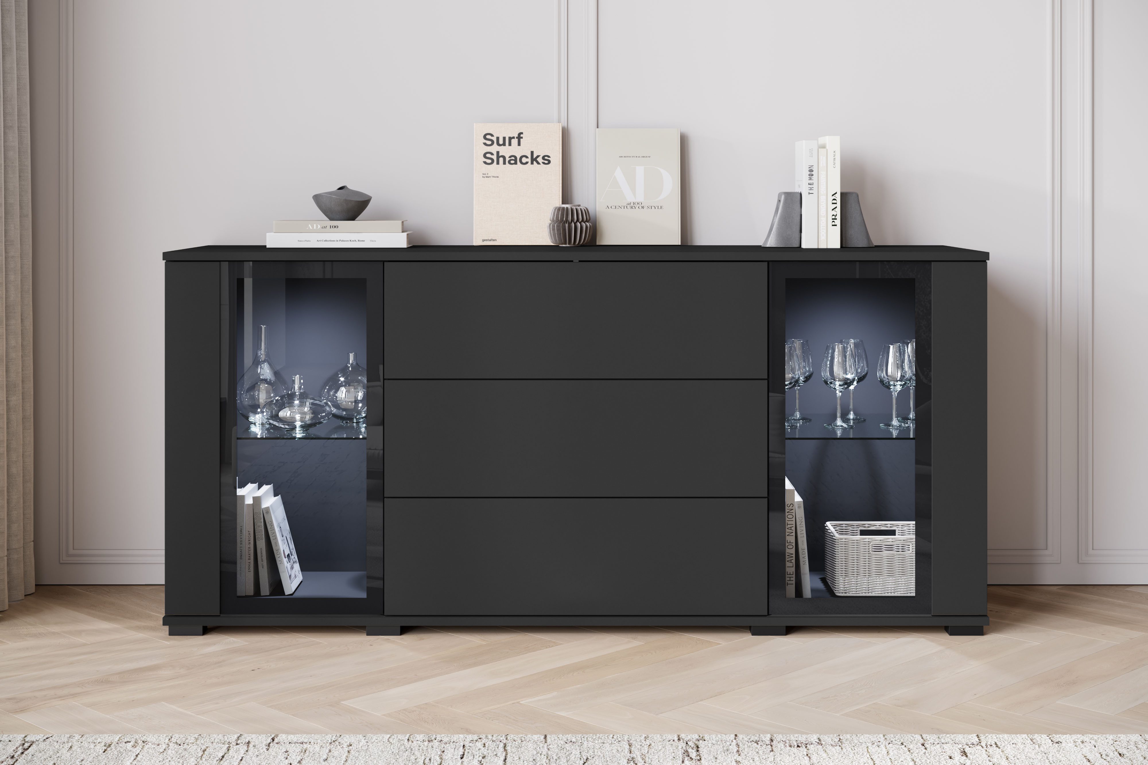 Home affaire Sideboard modernes Design mit Glaseinsätzen und 3 Schubladen, Breite 150 cm (1 St), Grifflose Fronten mit Push-to-Open, höhenverstellbare Einlegeböden