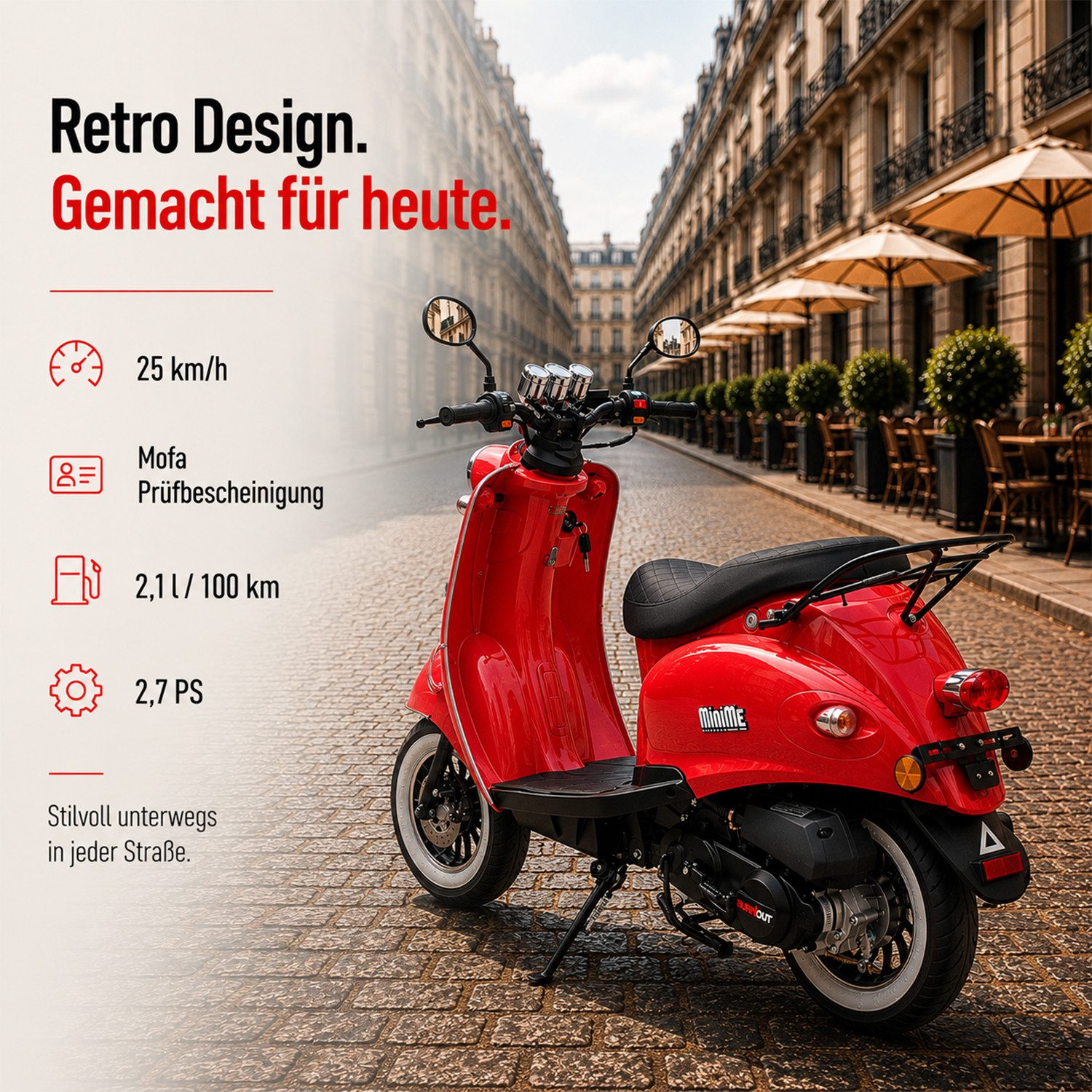 Burnout Motorroller MiniMe 2.0 Rot, 50 ccm, 25 km/h, Euro 5, Unverwechselbares Retro-Design,Bestes Preis-/Leistungsverhältnis