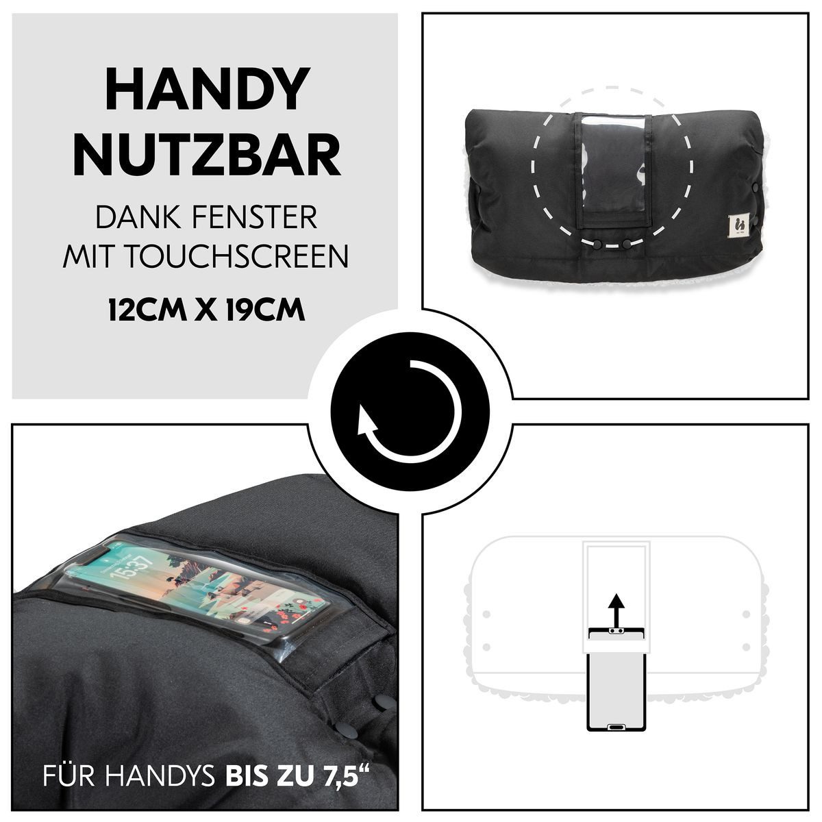 Hauck Kinderwagen-Handwärmer Black, Handwärmer für Kinderwagen & Buggy Handmuff mit Handy Tasche