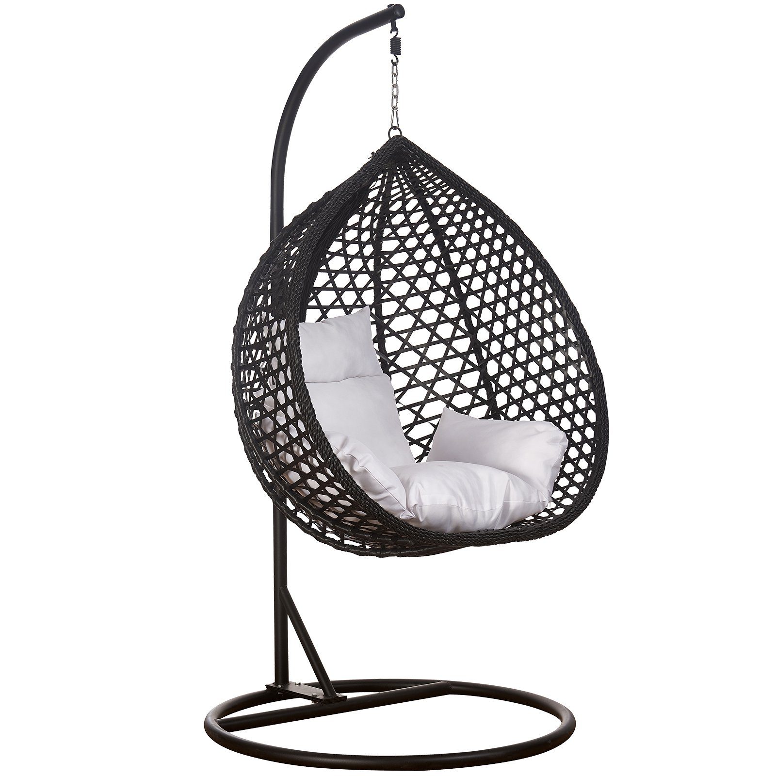 RAMROXX Hängesessel Luxus Hängesessel Style XXL Rattan Korb Schwarz mit Relaxkissen Weiss