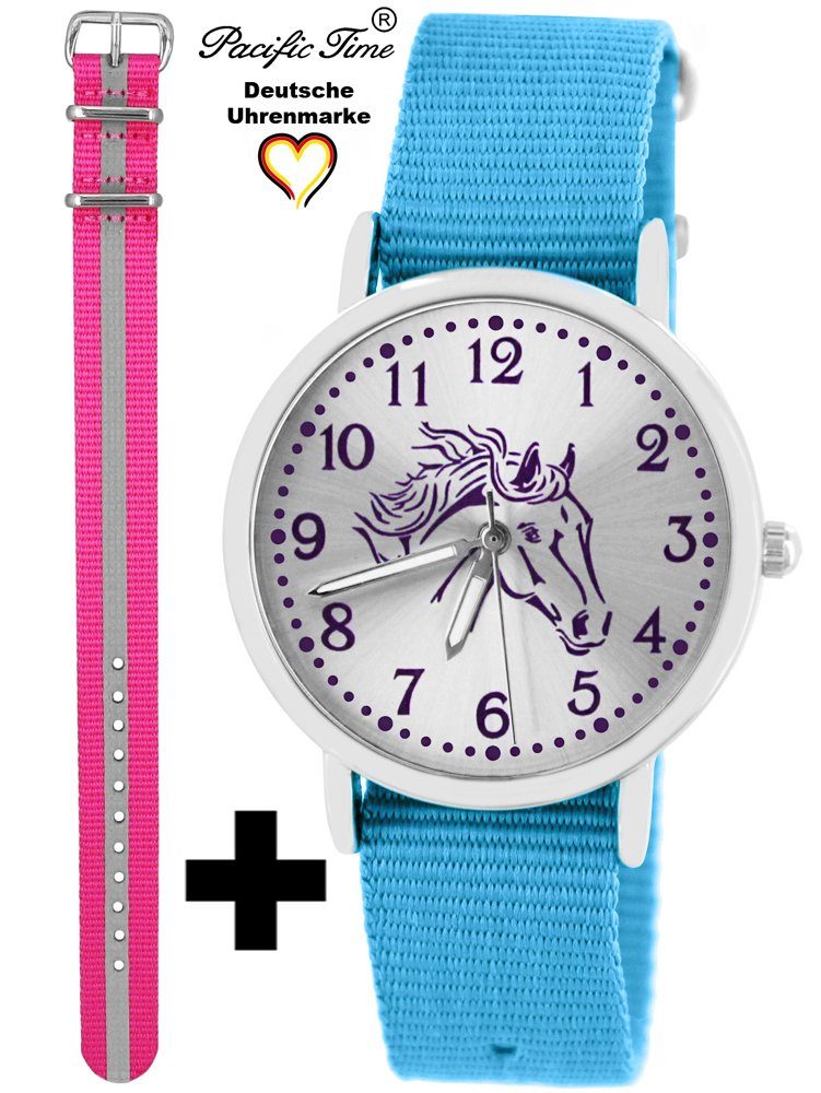 Pacific Time Quarzuhr Mix Reflektor Pferd - und und Gratis Wechselarmband, hellblau Versand pink Design Kinder violett Set Match Armbanduhr