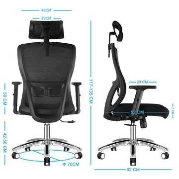 Durrafy Bürostuhl Ergonomischer Stuhl,Chefsessel,Schreibtischstuhl, Atmungsaktiver Drehstuhl, verstellbare funktion, 150KG, Schwarz