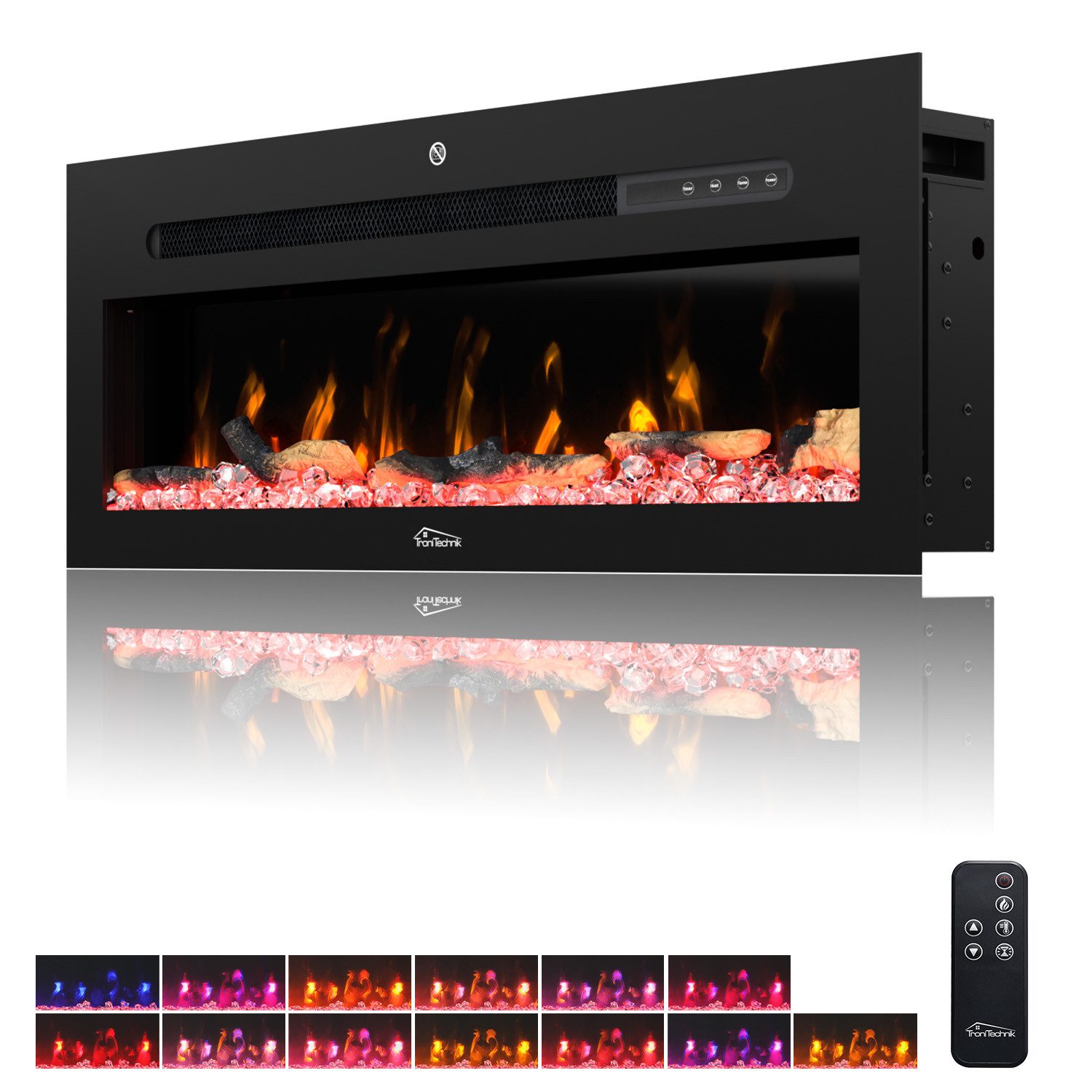 TroniTechnik Elektrokamin Wandkamin elektrisch 900/1800W, LED Flammeneffekt, App, Timer, schwarz, Elegant, platzsparend, dekorativ nutzbar, smart steuerbar, zuverlässig