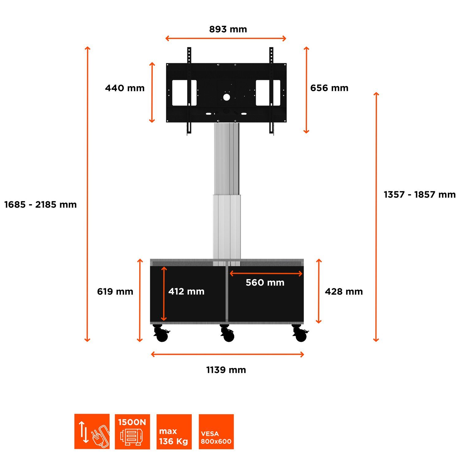max Display-Rollwagen 50cm schwarz/silber) höhenverstellbar, 600, (bis TV-Wandhalterung, VESA Schrank 86 Hub - Celexon 800 x Adjust-4286MS Zoll, mit elektrisch