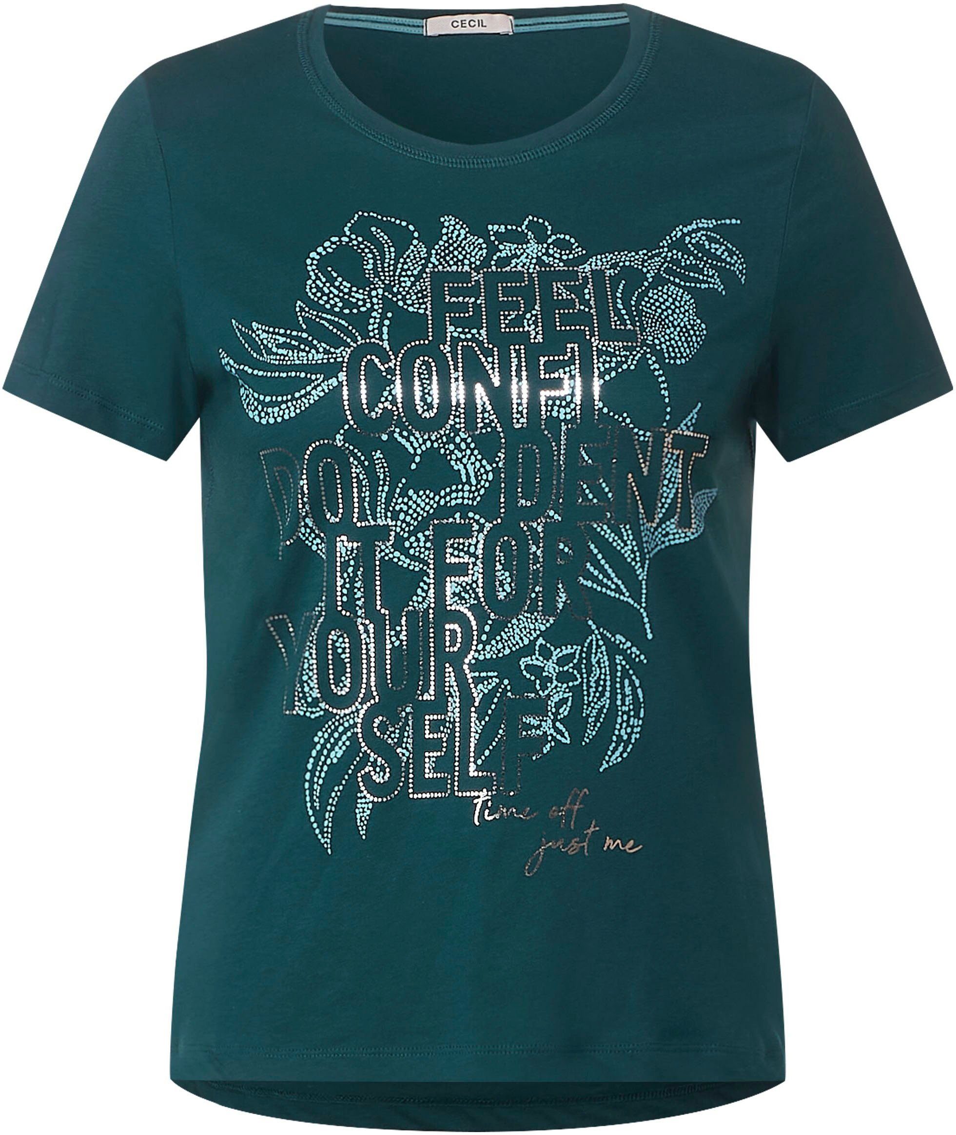 Cecil T-Shirt deep lake Steinchendetails mit green