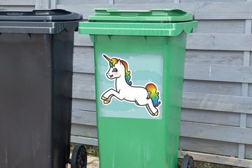 MuchoWow Wandsticker Eine Illustration eines springenden Einhorns - Mädchen - Kinder - (1 St), Mülleimer-aufkleber, Mülltonne, Sticker, Container, Abfalbehälter