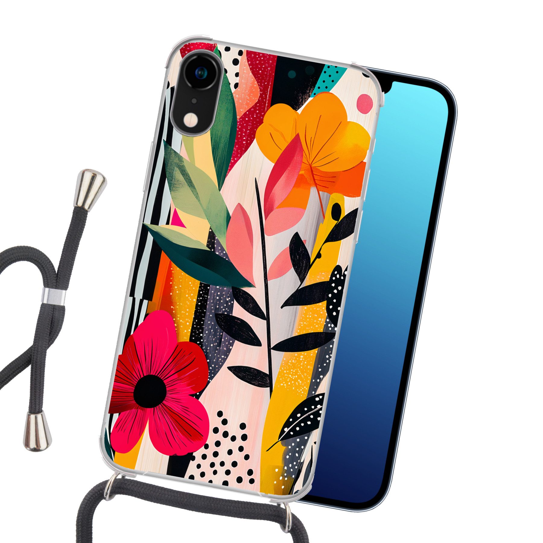 MuchoWow Handyhülle für Apple iPhone XR Blumen - Blätter - Abstrakt - Farbenfroh, Tragbare Handyhüllen mit Kette zum umhängen, Handykette Handyband