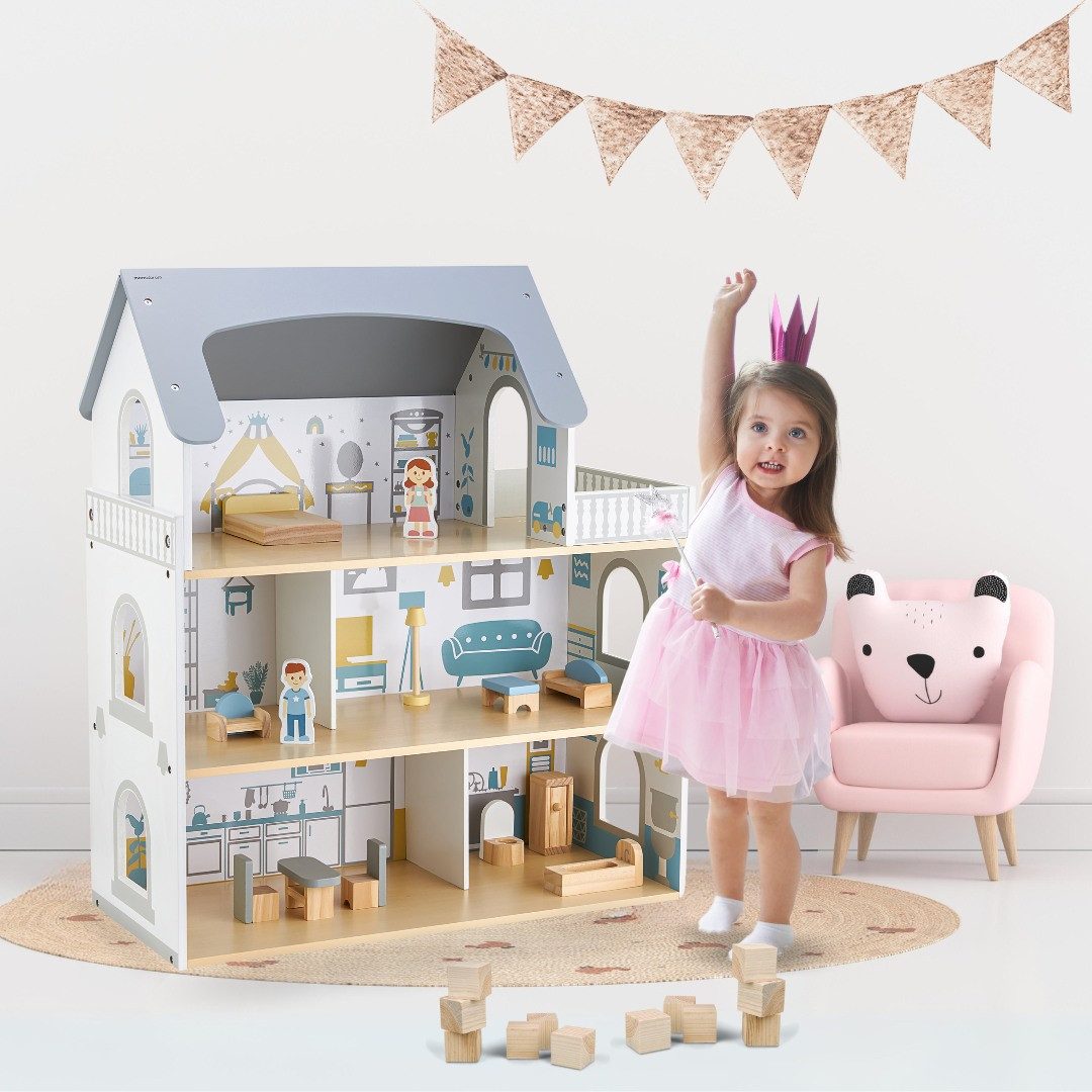 Mamabrum Puppenhaus Großes Puppenhaus aus Holz mit Zubehör und Spielfiguren