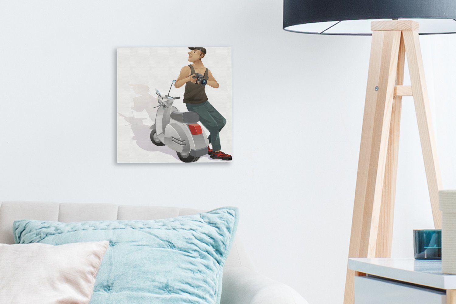 Kamera Leinwand einem OneMillionCanvasses® jemandem für einer Vespa-Roller, Bilder mit Illustration Leinwandbild St), Wohnzimmer und Schlafzimmer (1 von