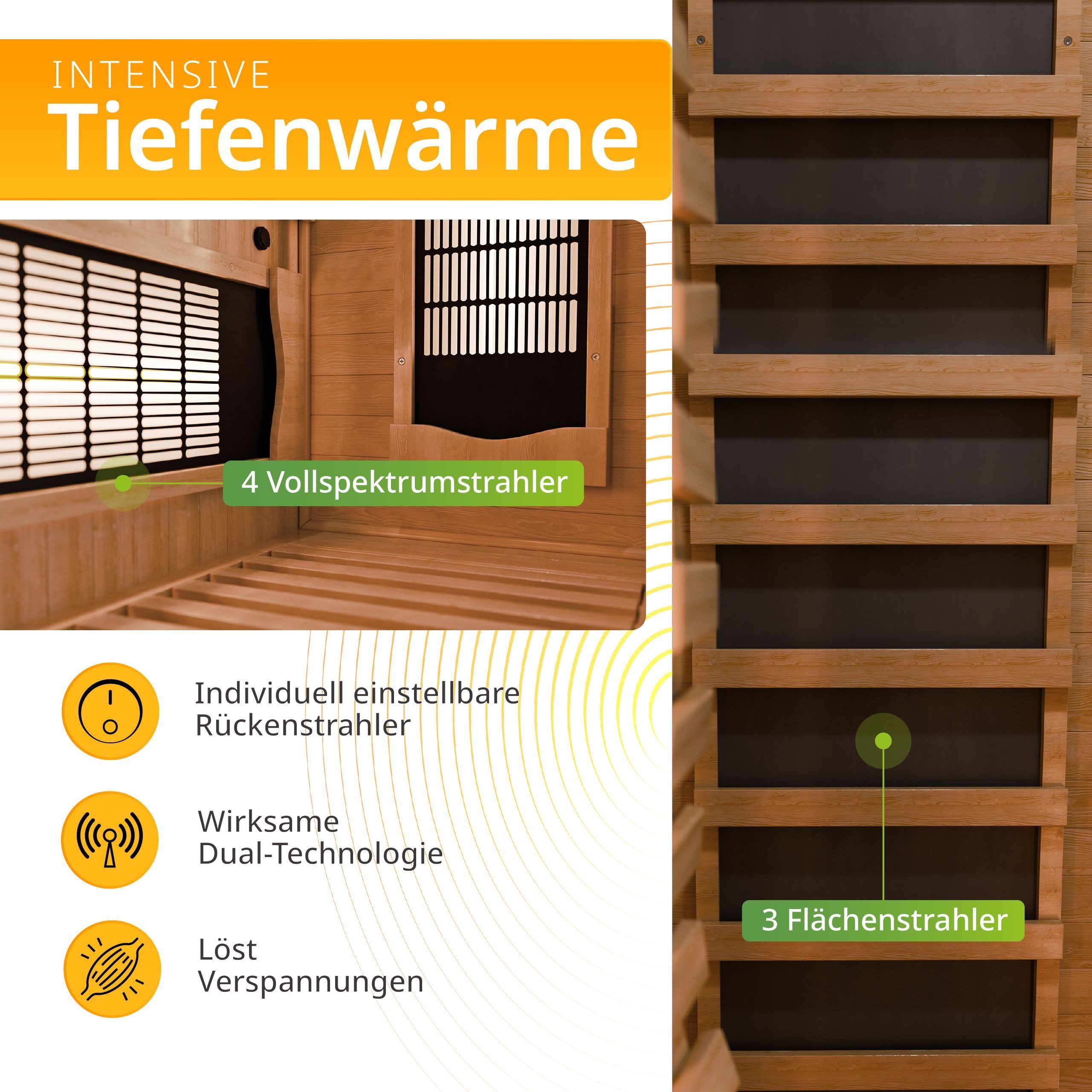 Artsauna Infrarotkabine Kiruna90 Dual Technologie, BxTxH: 90 x 90 x 190 cm, für 1 Personen, Hemlockholz, HiFi-System, Bluetooth, LED-Farblicht