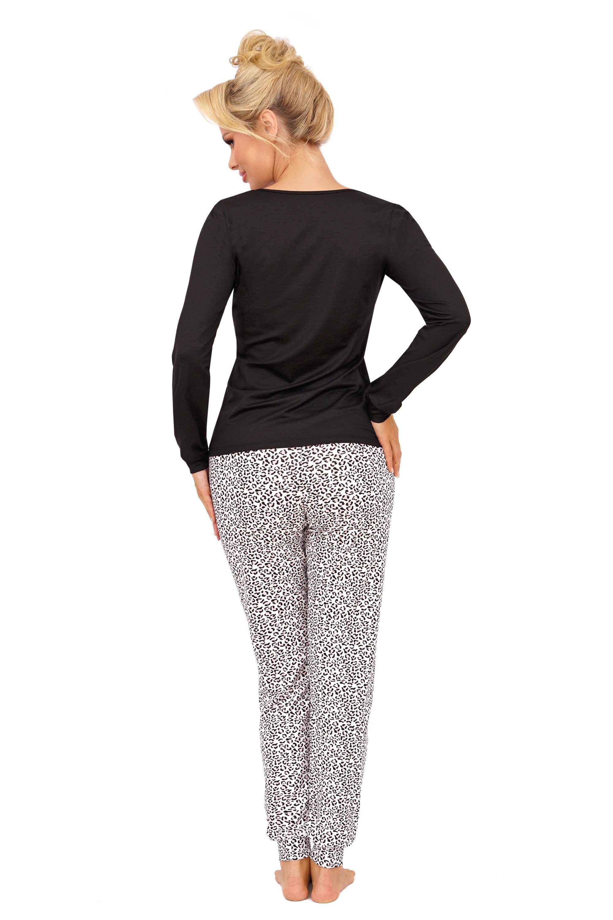 Donna Pyjama langarm Schlafanzug mit Motivdruck (2 tlg., 1 Stück) Schlafhose mit Leo-Print & passendem Basic-Shirt, Reine Baumwolle