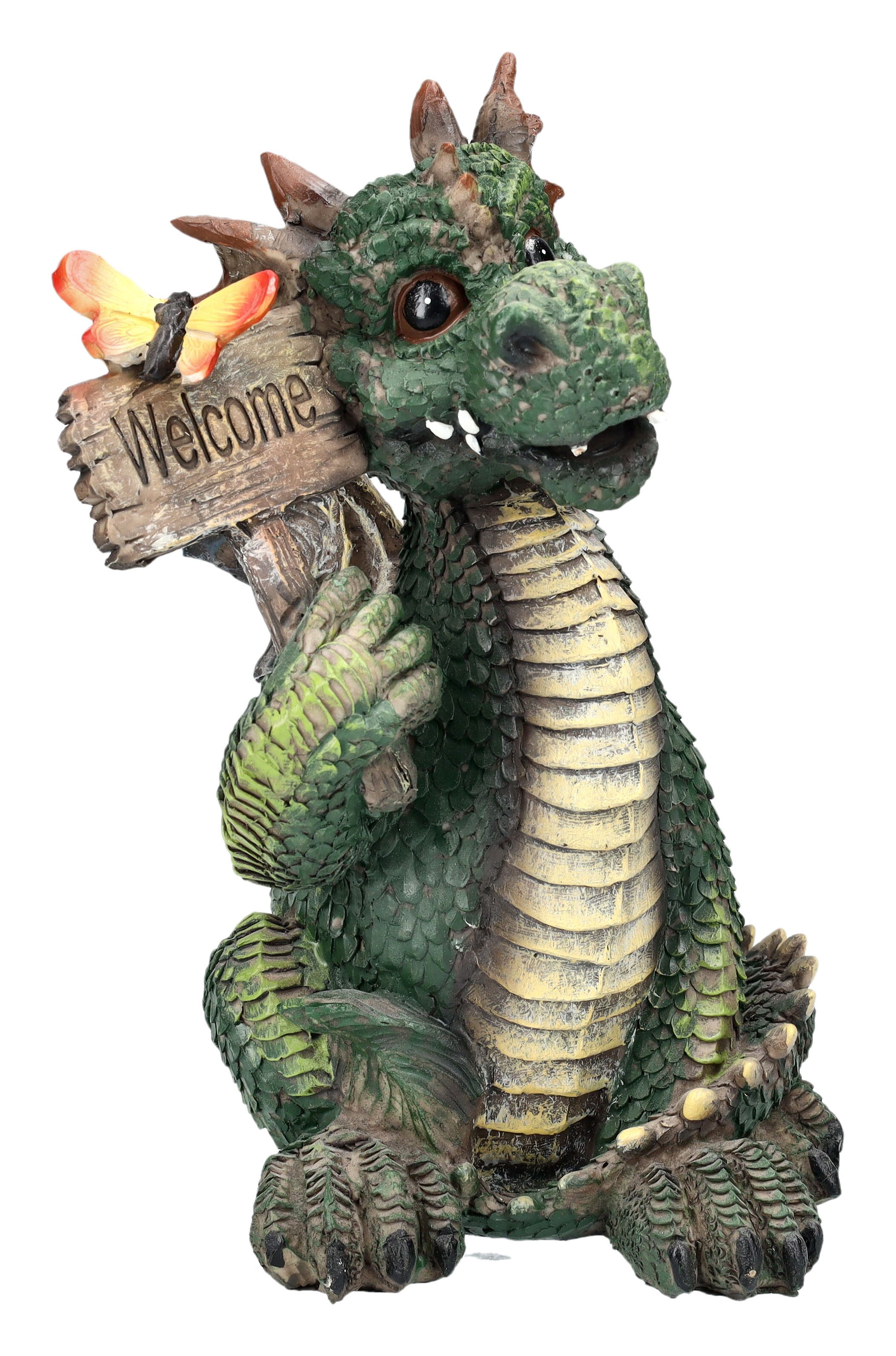 Figuren Shop GmbH Fantasy-Figur Drachen Figur grün mit Welcome Schild - Fantasy Dekoration
