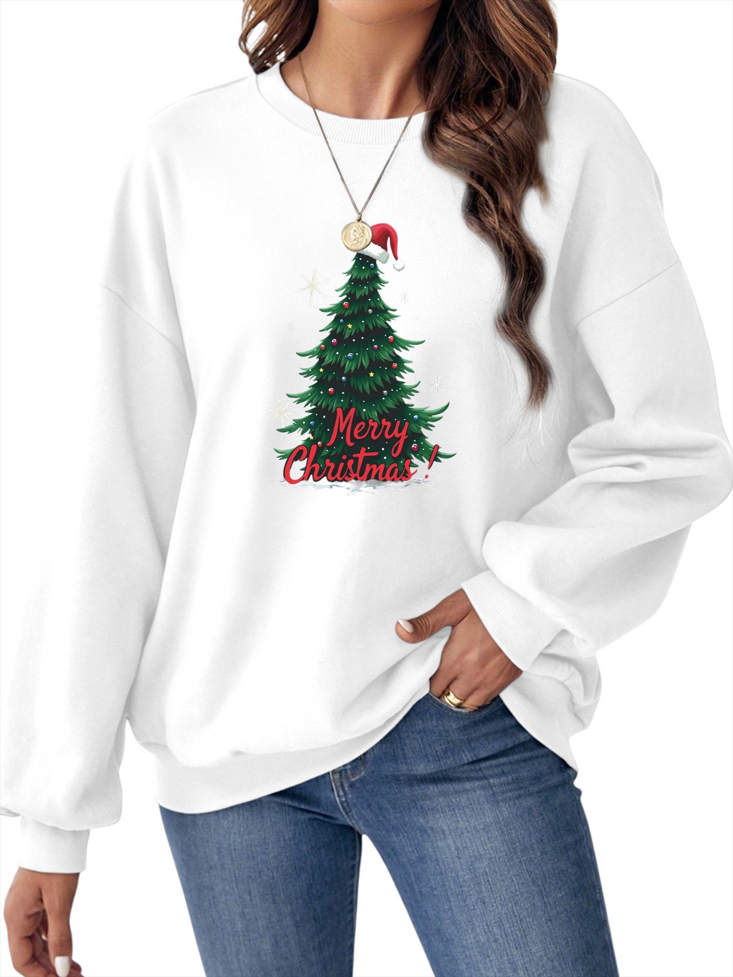 Fleecepullover Damen Festival Sweatshirt mit Weihnachten Print, Warm aus Fleece-Mix