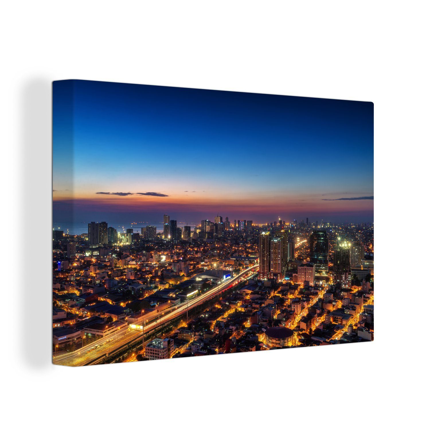 OneMillionCanvasses® Leinwandbild Skyline von Manila in der Abenddämmerung, (1 St), Wandbild Leinwandbilder, Aufhängefertig, Wanddeko, 30x20 cm