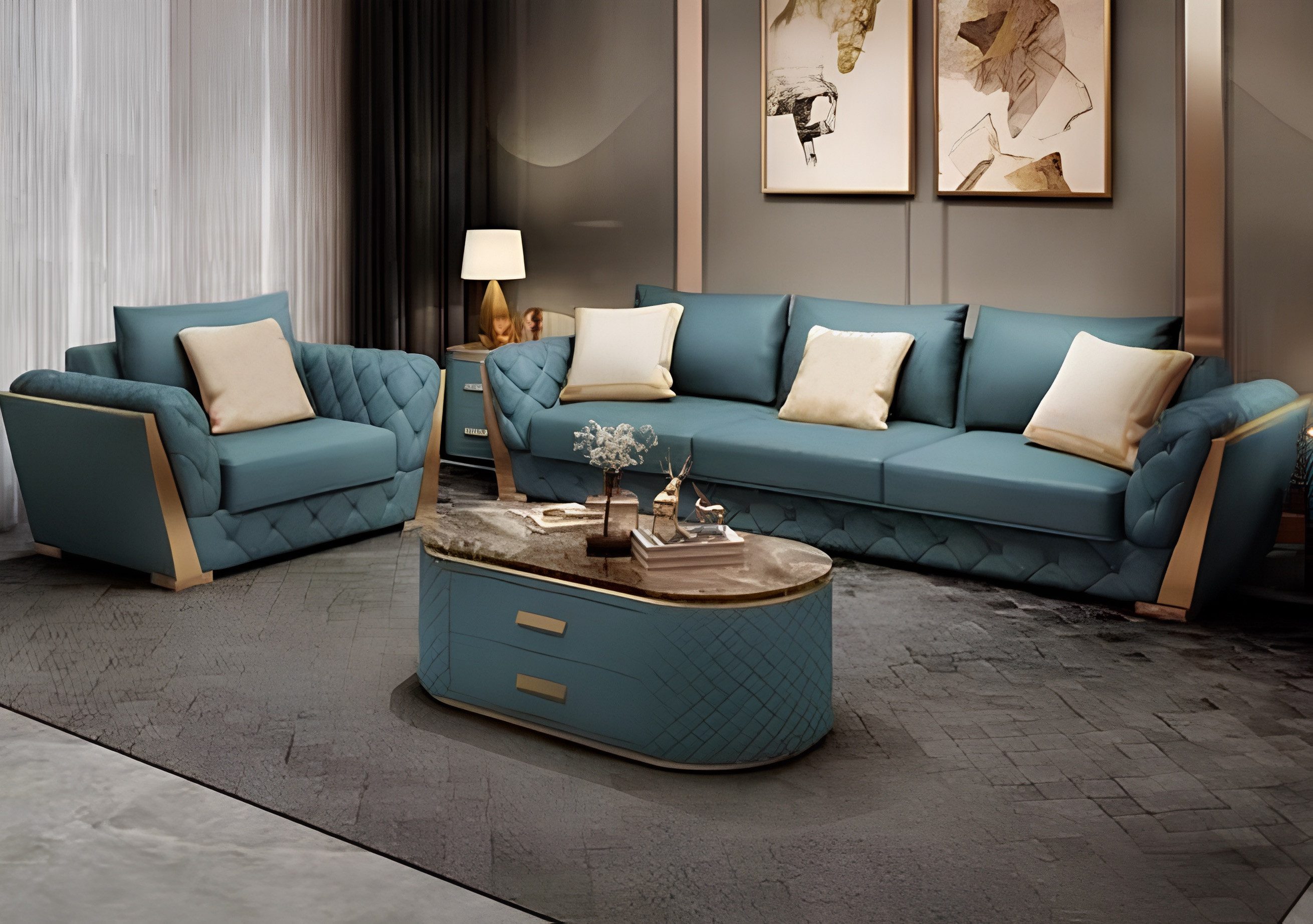 JVmoebel 3-Sitzer 3 Sitzer Wohnlandschaft Sofas Couch Polster Garnitur Stoff Leder Blau, Made in Europa