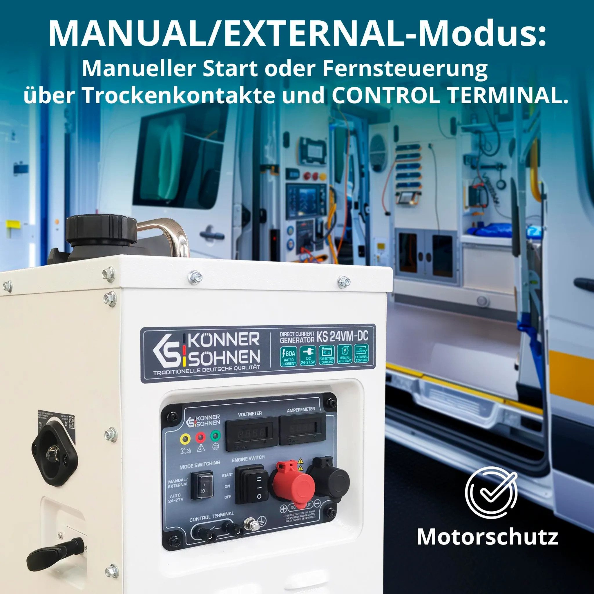 Könner & Söhnen KS 24VM-DC generator (24V DC generator for solar systems and battery charging, 1-piece, 60A charging current, auto-start function, 8L tank, 24-27.5V), 24V direct current, auto mode, soundproofed, 69dB, Euro V