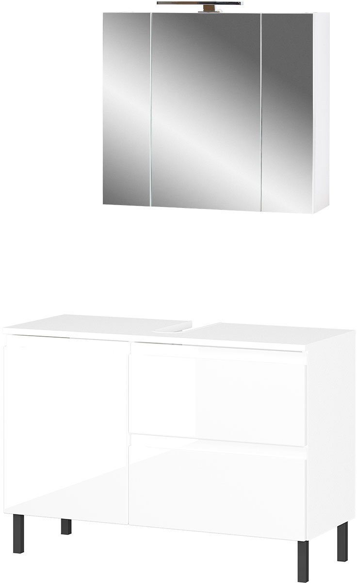 LED-Beleuchtung bestehend mit (2-St), Steckdose Scantic, aus und Badmöbel-Set Waschbeckenunterschrank Spiegel, GERMANIA und Spiegelschrank