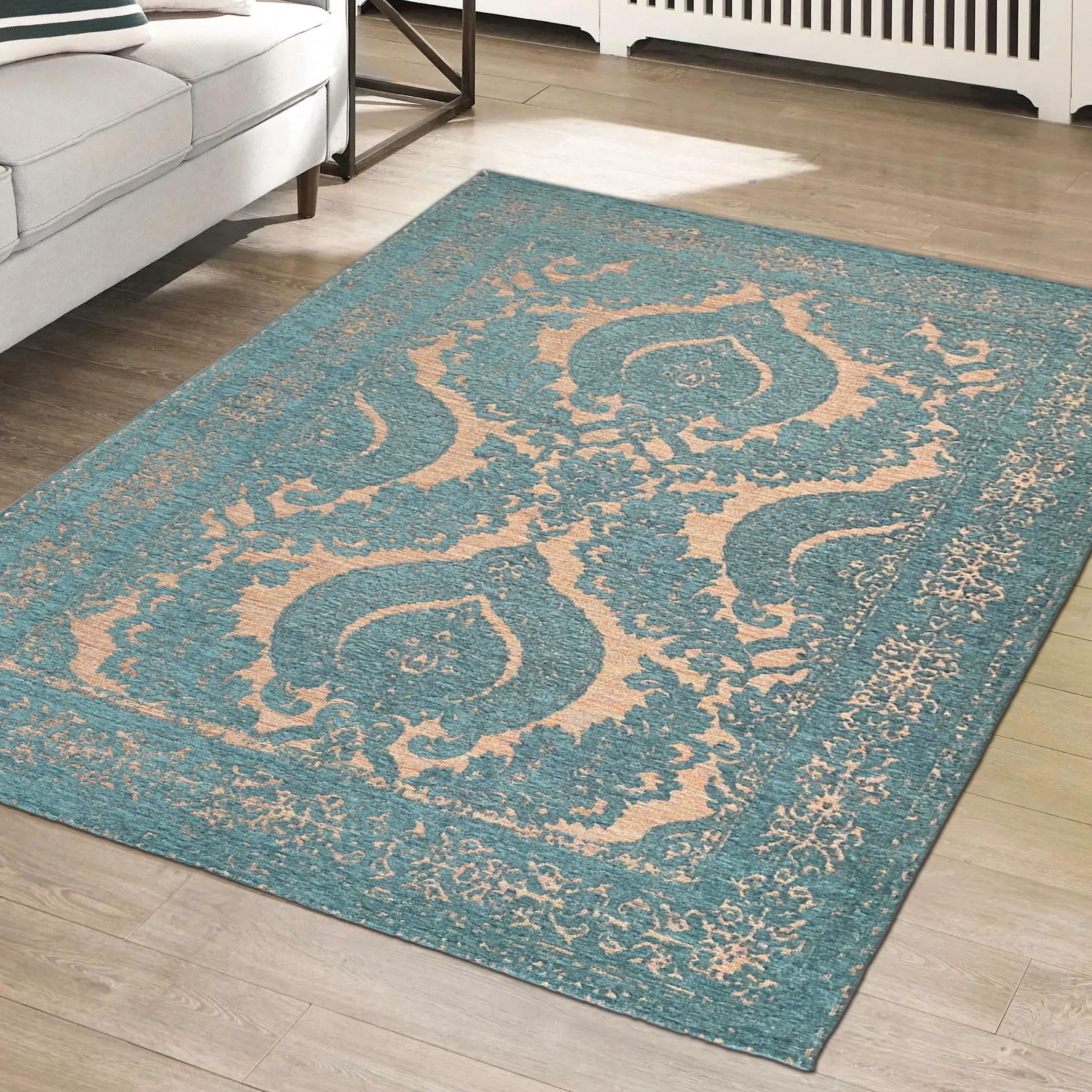 TeppichHome24 Teppich Marokkanischer Teppich blau goldene Ornamente, rechteckig, Höhe: 9 mm