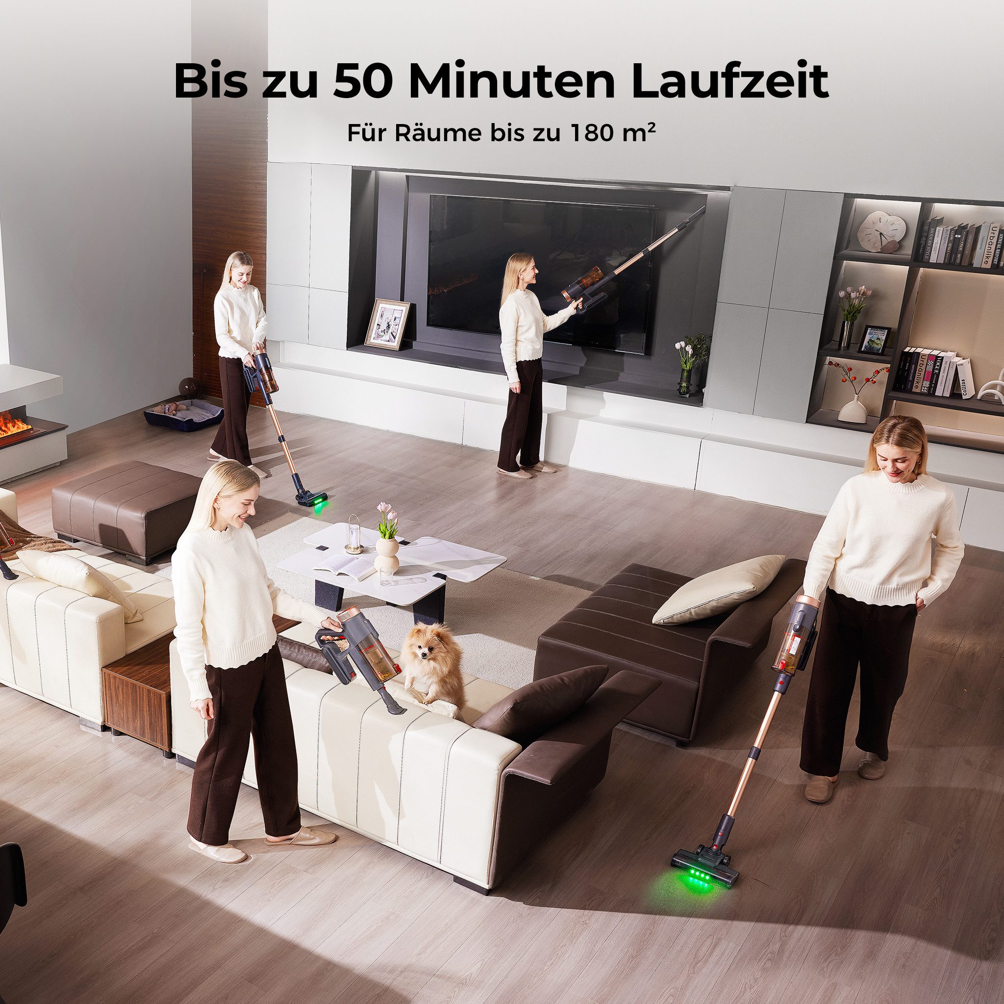 Proscenic Akku-Hand-und Stielstaubsauger 50kPa 550W Akku Staubsauger,50 Min,Grünes Licht Sichtbares Staub, 550 W, beutellos, 5in1 Filtersystem,Leise & Kabellos für Tierhaare,Boden,Teppich