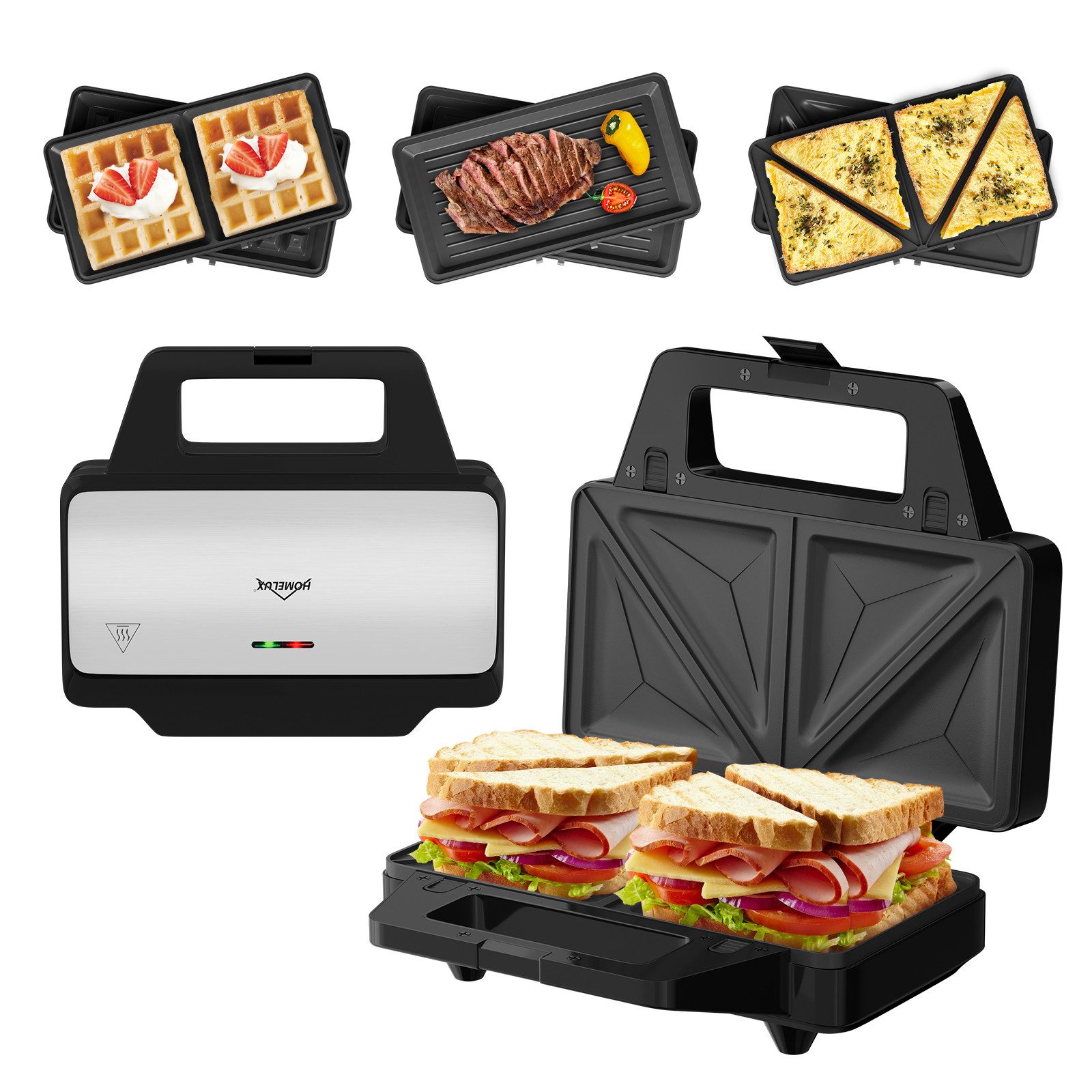 HOMELUX 3-in-1-Sandwichmaker 1000 W Waffeleisen Sandwichtoaster Grill wechselplatten, 1000,00 W